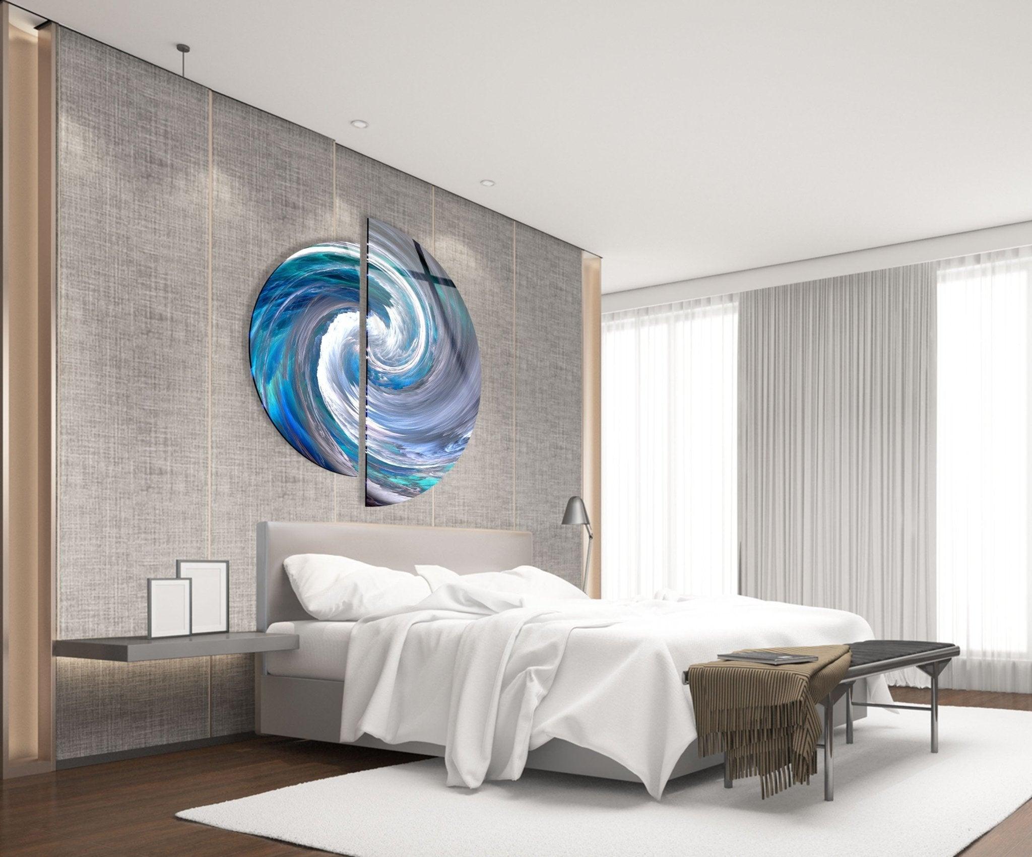2 Piece Blue Abstract Glass Wall Art Set - Modern Home Decor for Living Room, Bedroom & Office - Handmade Glass Painting for Unique Interior Design