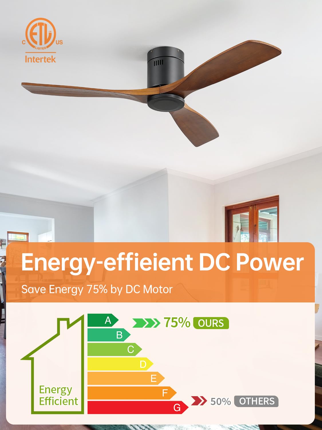 52 Inch Low Profile Flush Mount Wood Ceiling Fan with Remote - No Lights, 3 Blades, Reversible DC Motor, Ultra Quiet - Perfect for Indoor Farmhouse, Bedroom, Living Room & Outdoor Patio, Porch Use
