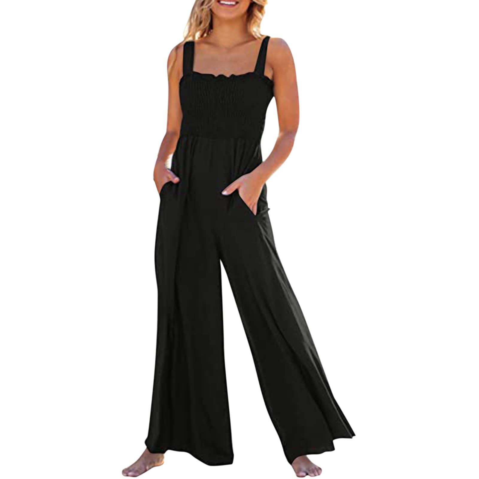 Women's Square Leg Casual Collar Tank Smocked Wide Romper with Pockets - Sleeveless Loose Jumpsuit for Summer, Beach, Travel & Everyday Wear