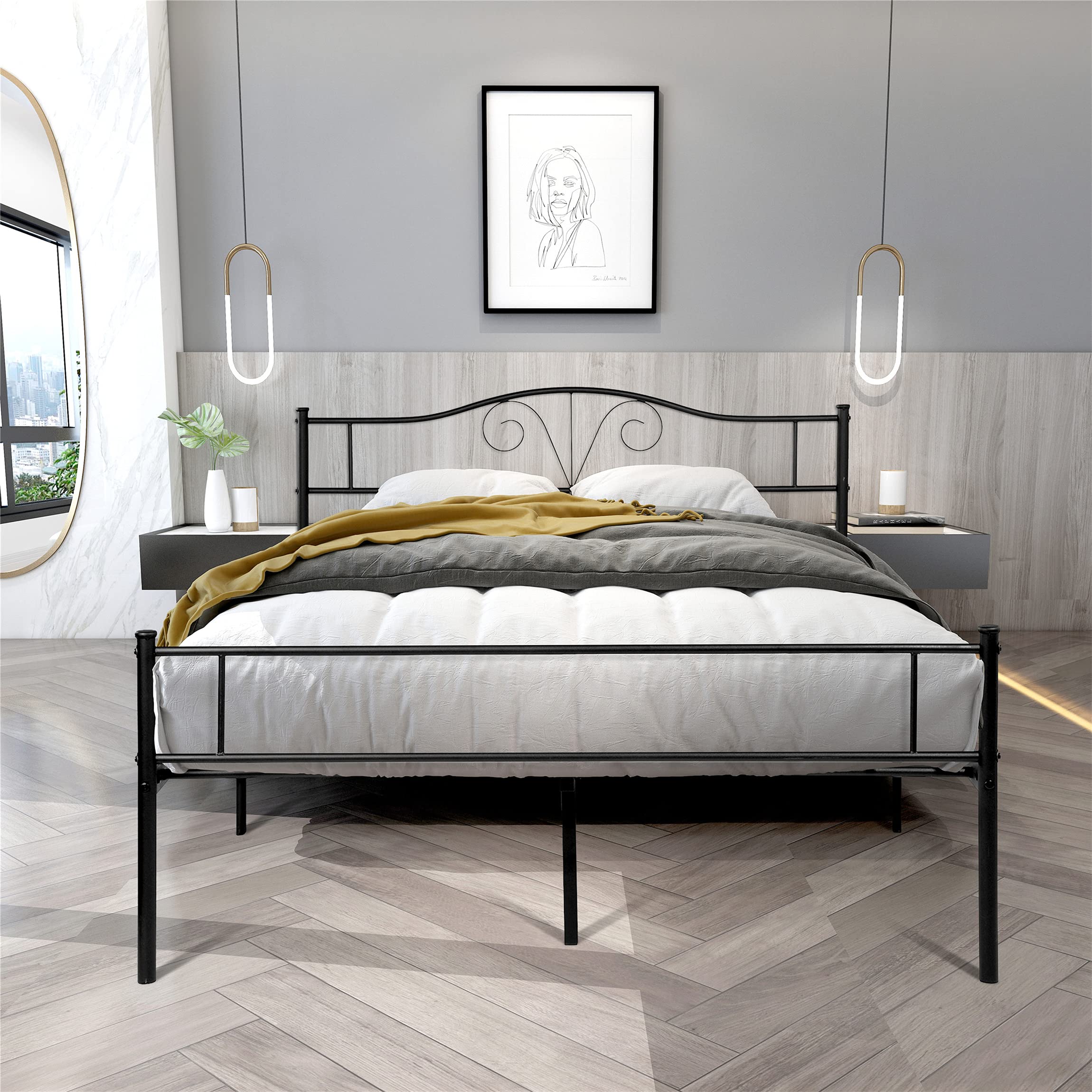 Black Metal Bed Frame with Headboard - Sturdy Iron Platform Bed Frame with Pipe Design, No Box Spring Needed (Full Size) - Perfect for Modern Bedrooms, Guest Rooms & Dormitories