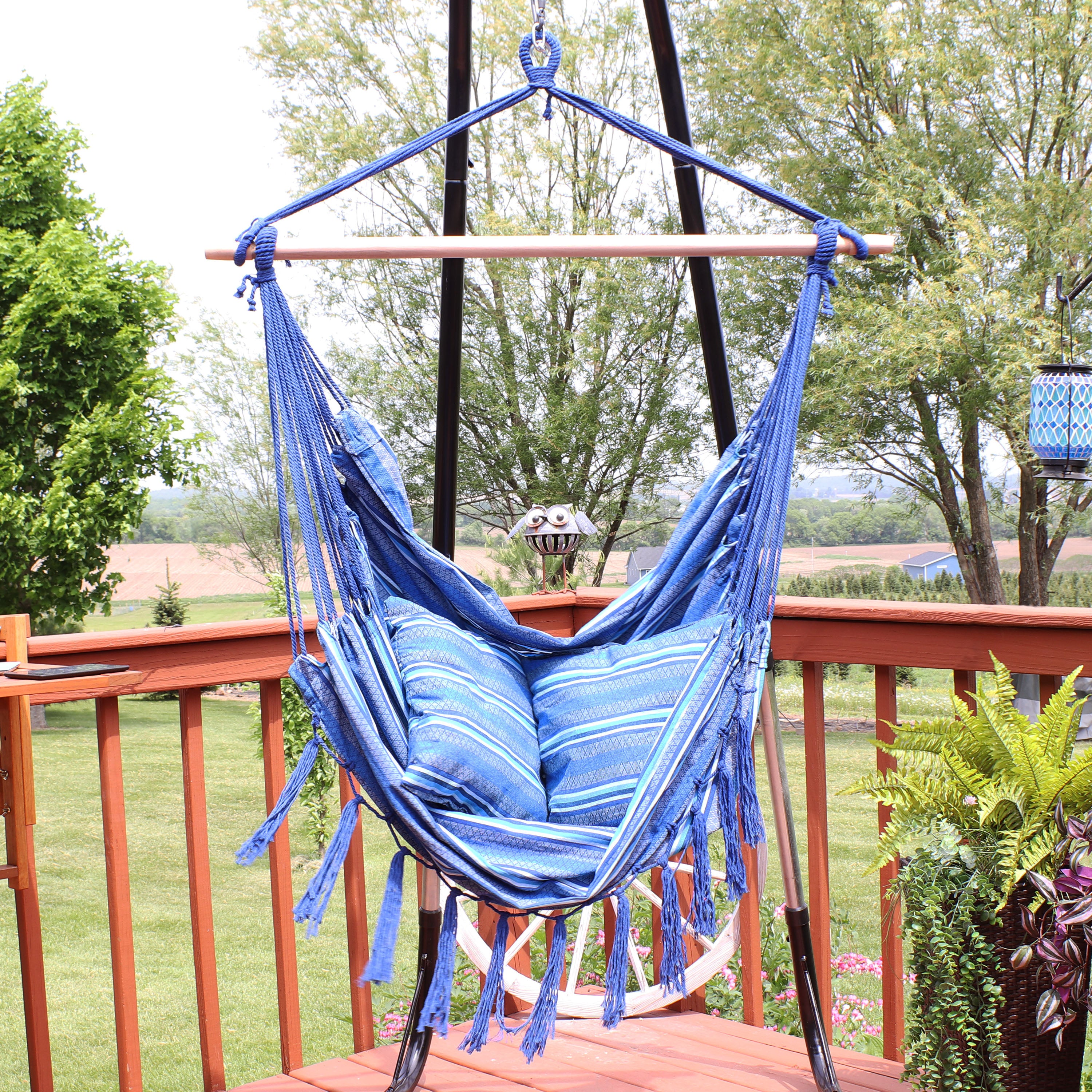 Sunnydaze Cushioned Hanging Hammock Chair with Cornflower Stripes - Perfect for Indoor & Outdoor Relaxation in Bedroom, Patio or Garden