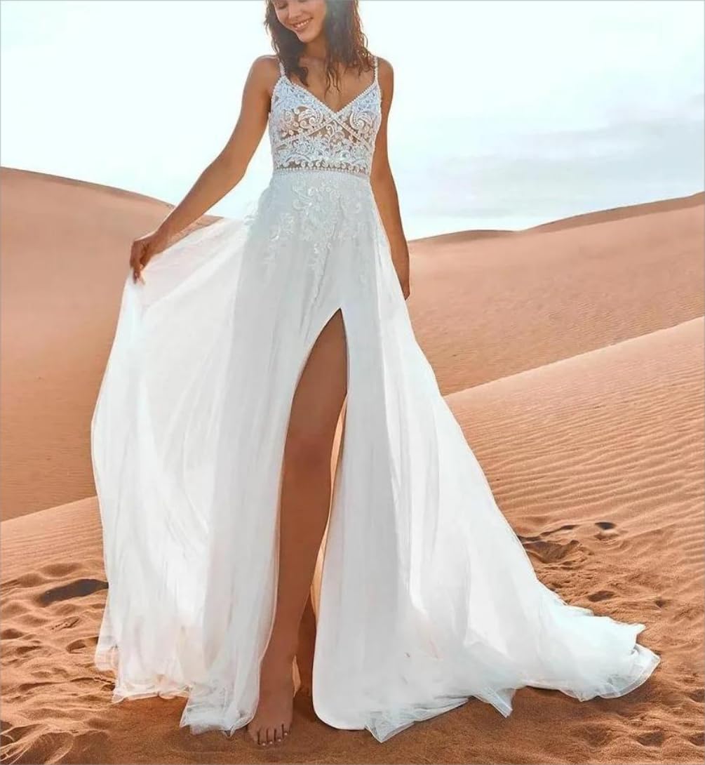 Boho Lace Applique Women's Spaghetti Strap Beach Wedding Dress - Sexy V-Neck Bridal Gown with High Slit for Beach Ceremony, Boho Wedding & Prom