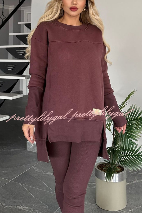 Solid Color Crew Neck Long Sleeve Top & Stretchy Casual Pants Set - Women's Comfortable Lounge Wear for Home, Yoga & Everyday Outfits