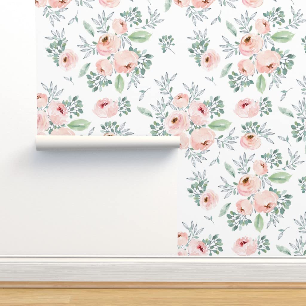 Premium Commercial Grade Wallpaper Roll - 27ft x 2ft Rose White Pink Floral Boho Design with Watercolor Roses | Perfect for Nursery, Baby Girl Room, Spring Decor & Traditional Home Interiors