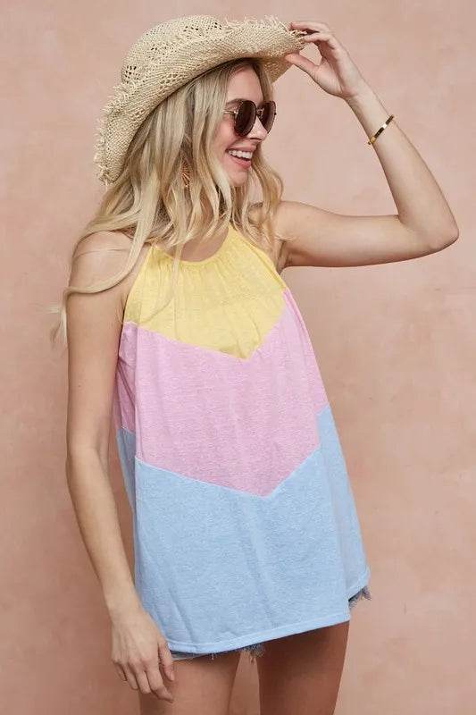 BiBi Triblend Knit Color Block Halter Neck Top - Women's Fashion Casual T-Shirt for Summer, Beach & Party Outfits