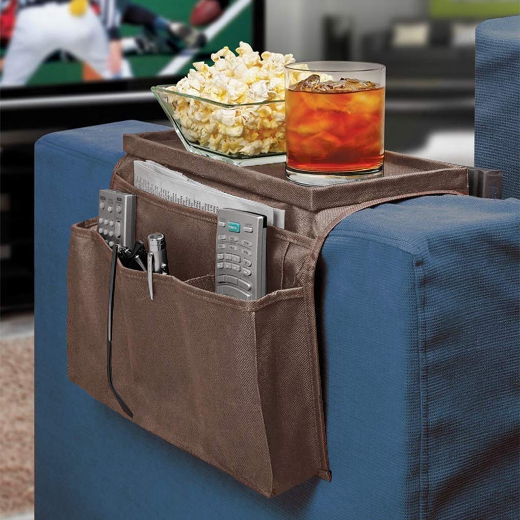 Non-Slip Sofa Armrest Organizer with Cup Holder & Storage Pockets - Perfect for TV Remote, Phone, Tablet, Books & Drinks - Ideal for Recliners, Couches, Armchairs & Bedside Use