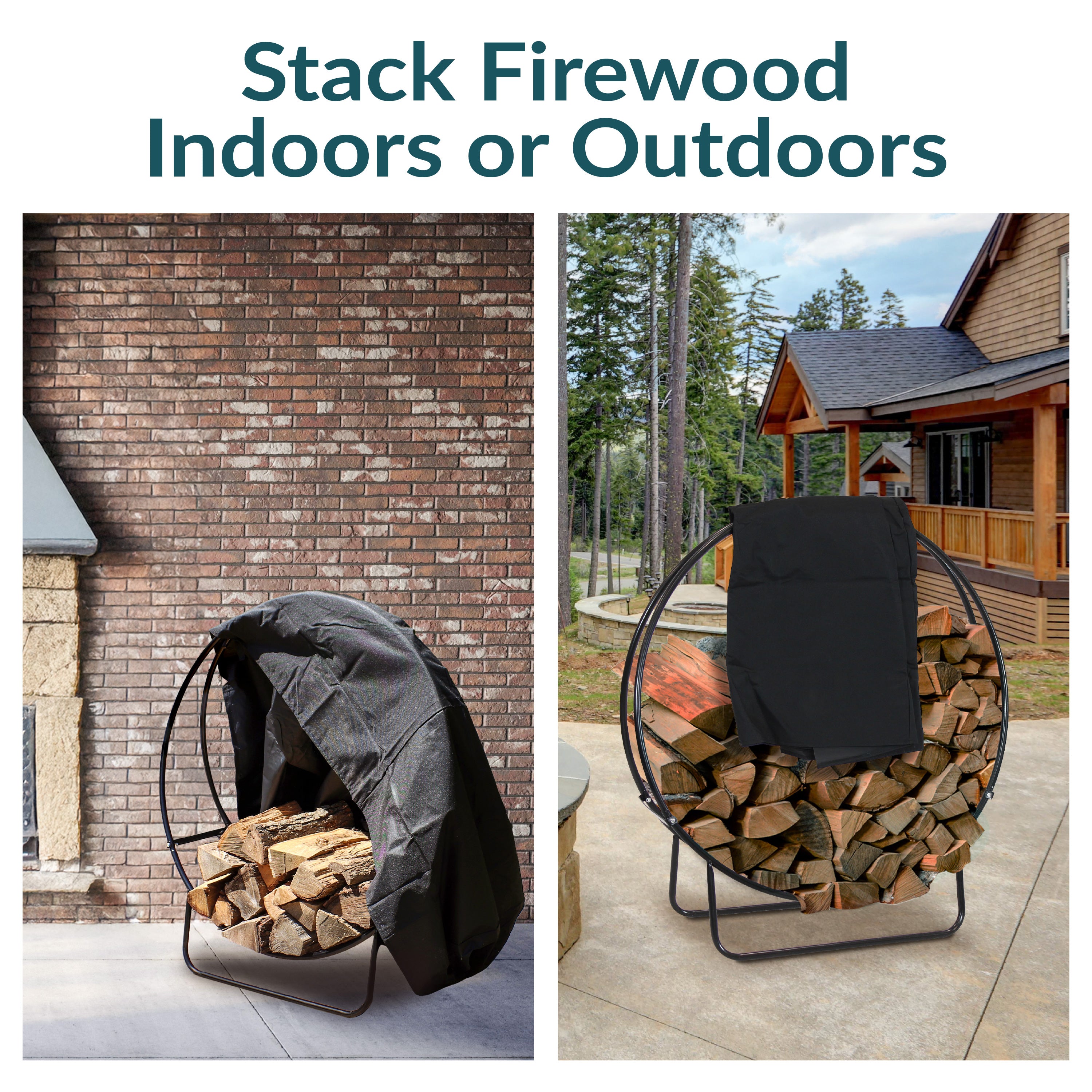 Sunnydaze Firewood Log Hoop Rack with Cover - Outdoor Wood Storage Holder for Fireplace, Camping & Patio - Heavy Duty Steel Firewood Rack with Protective Cover for Rain & Snow