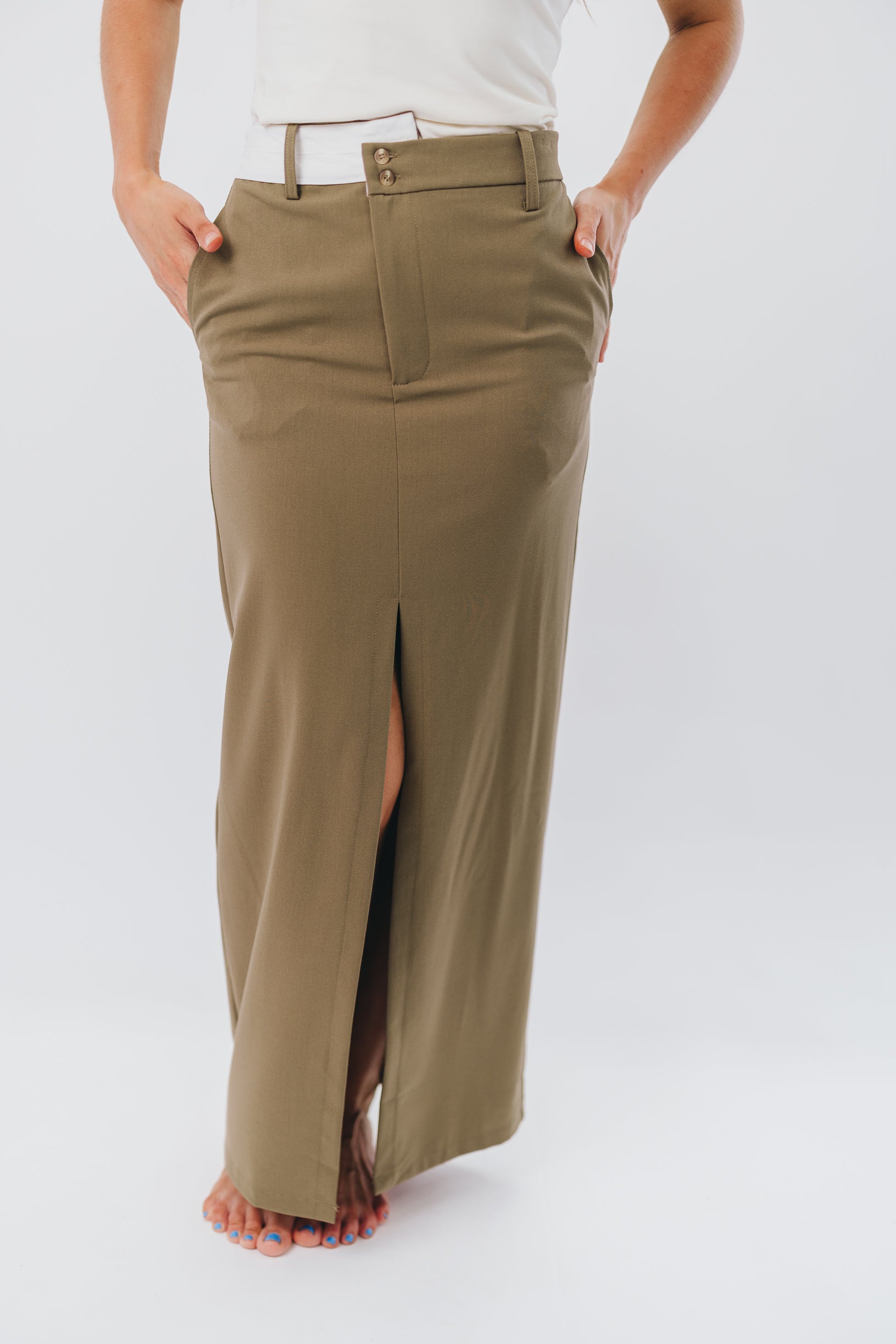 Colin High Waist Maxi Skirt with Contrast Band - Olive Green Women's Fashion Skirt for Casual Wear, Office Outfits & Summer Dresses