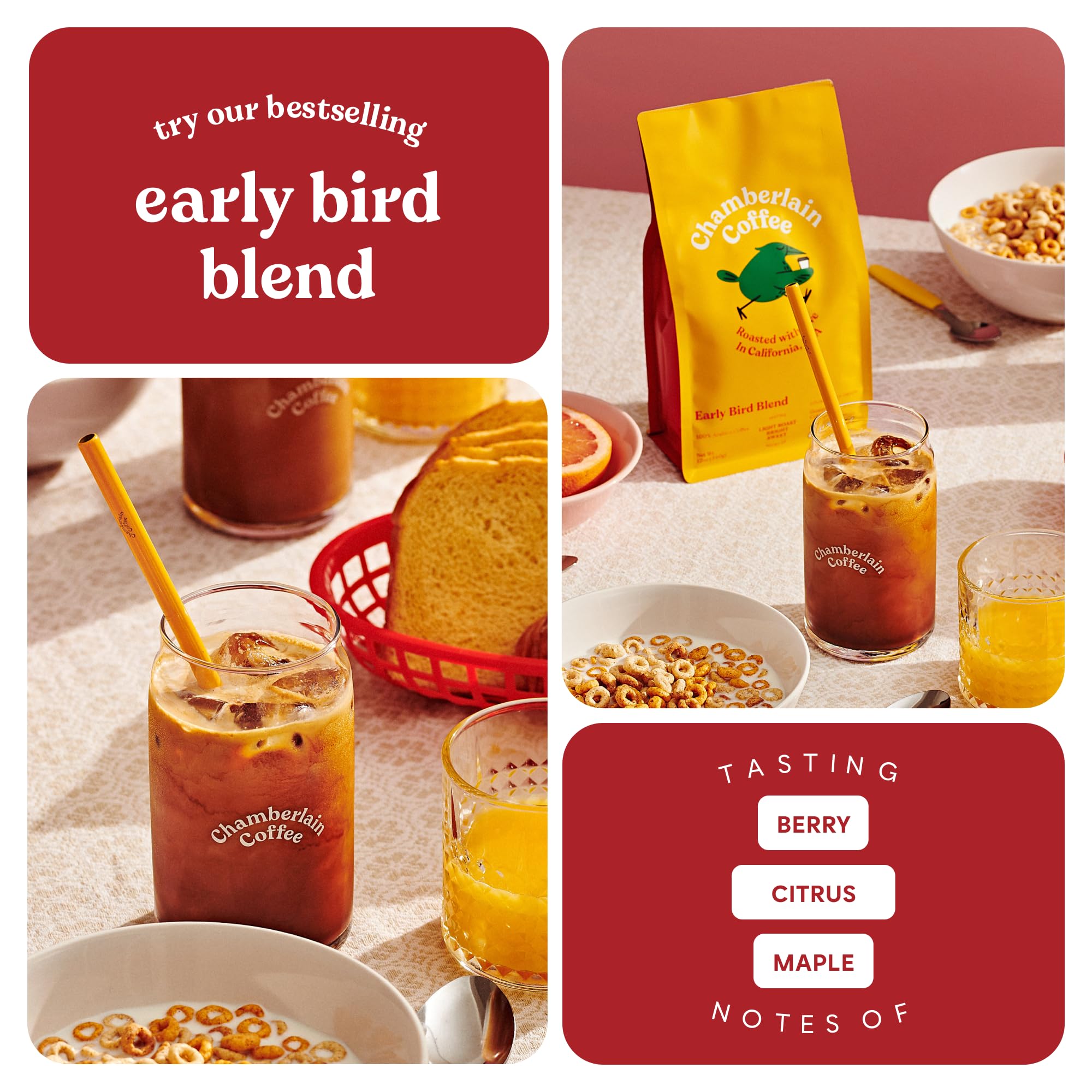 Chamberlain Coffee Early Bird Blend Light Roast Ground Coffee - Citrus, Caramel & Milk Chocolate Flavored - Freshly Roasted in California - 12 oz - Perfect for Morning Brew, Office Break & Gift Giving
