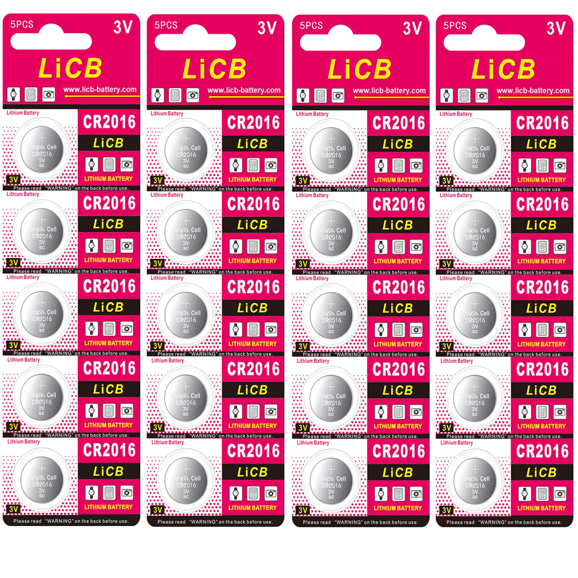 LiCB CR2016 Lithium Battery 3V Coin Cell (20 Pack) - Long Lasting Power for Watches, Calculators, Key Fobs & Small Electronics