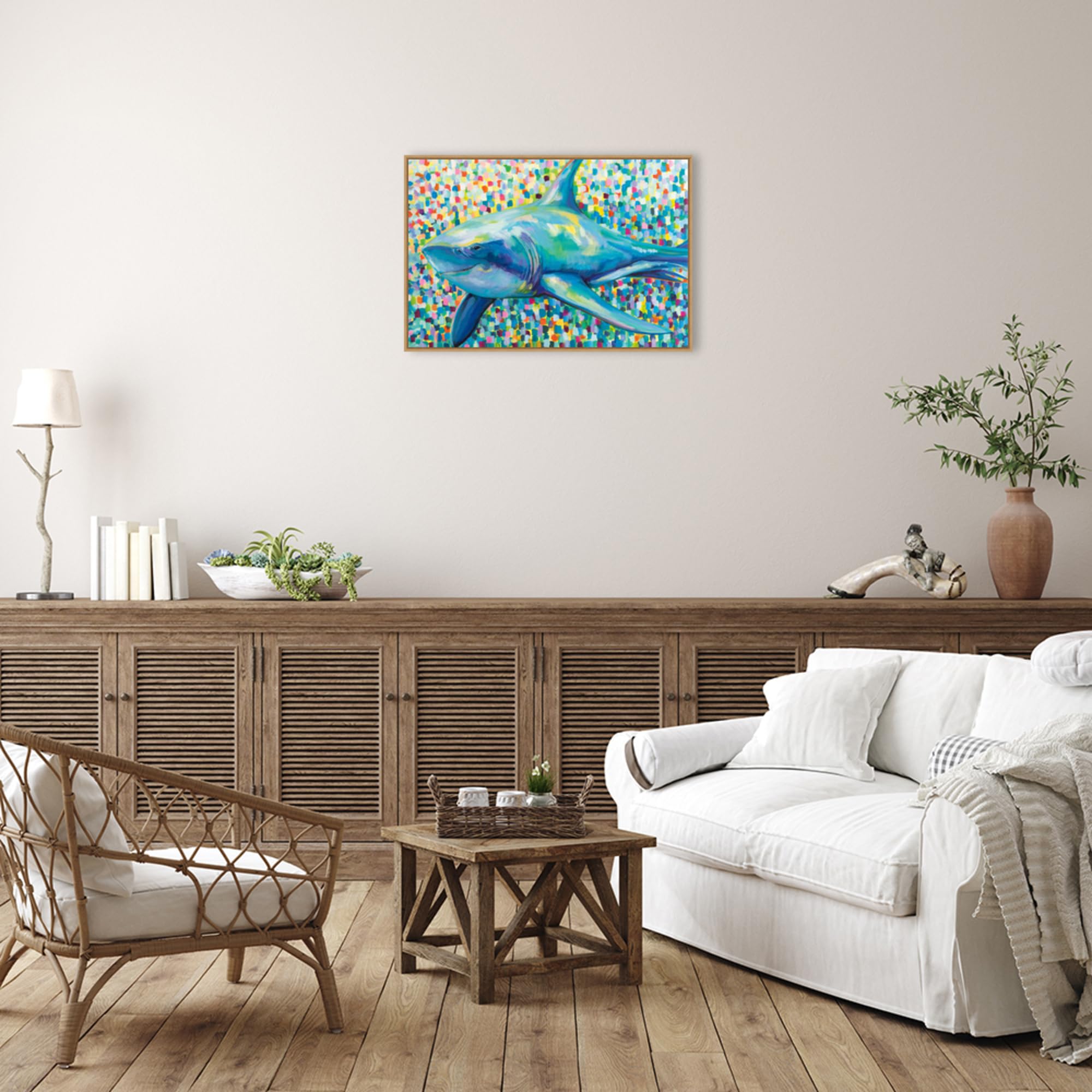 Amanti Art Framed Canvas Wall Art - 23x33 Chatham Shark by Jeanette Vertentes - Ocean Animal Painting for Modern Home Decor - Perfect for Living Room, Bedroom, Bathroom & Kitchen - Large Framed Poster Art for Coastal & Nautical Theme Interiors