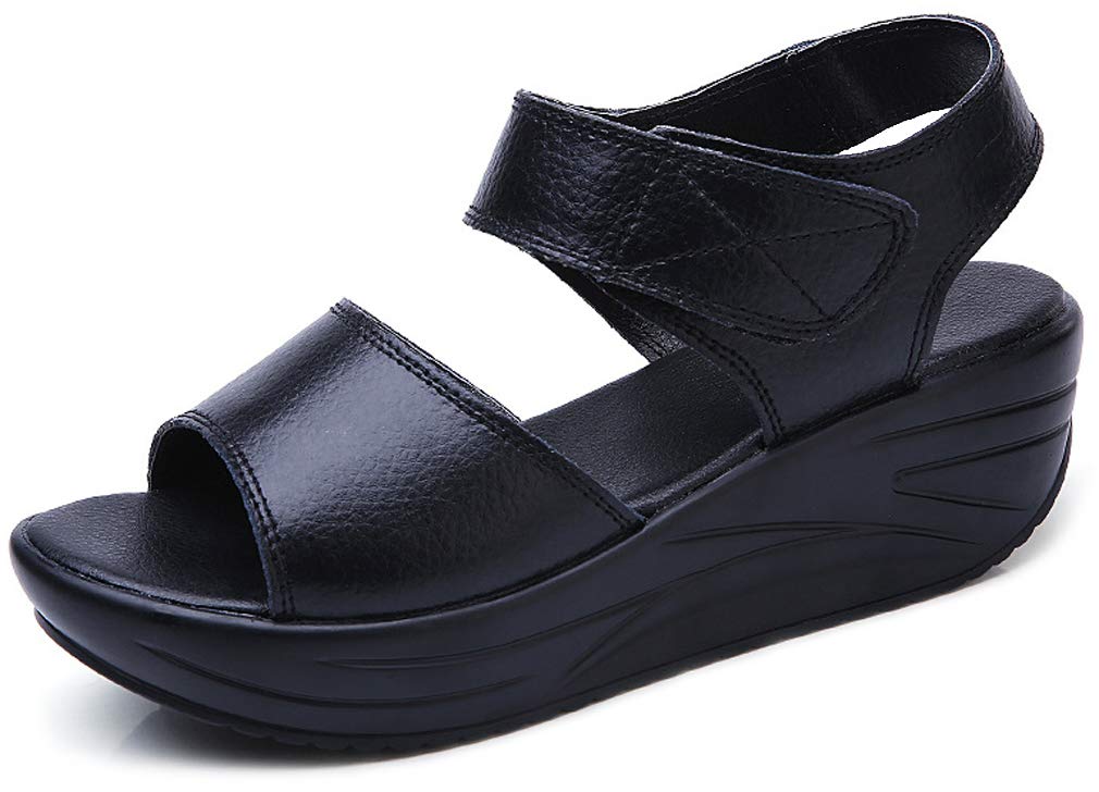 Orlancy Women's Genuine Leather Platform Wedge Sandals with Ankle Strap & Buckle - Slip On Summer Shoes with Middle Heel for Casual Outings, Beach Vacations & Date Nights