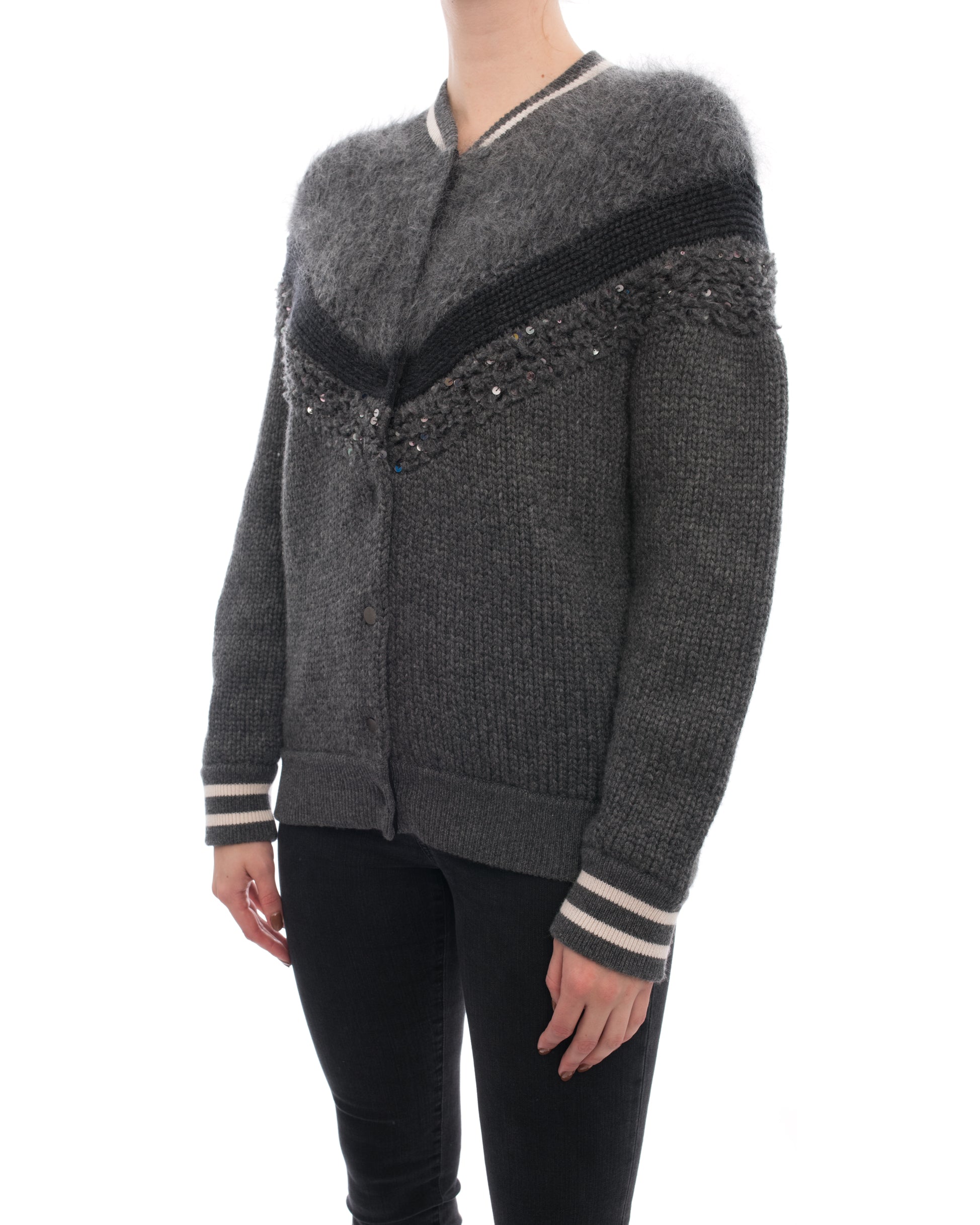 Brunello Cucinelli Grey Chunky Knit Mohair Wool Collegiate Sweater for Men - Cozy Winter Pullover for Casual Outings & Office Wear
