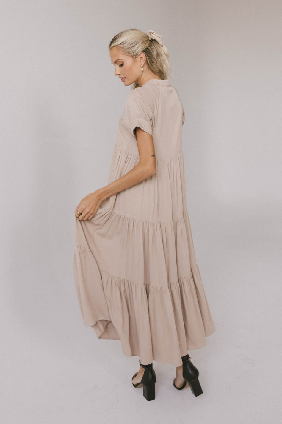 Amanda Tiered Maxi Dress in Tan - Women's Boho Flowy Summer Dress for Beach, Wedding & Vacation - FINAL SALE