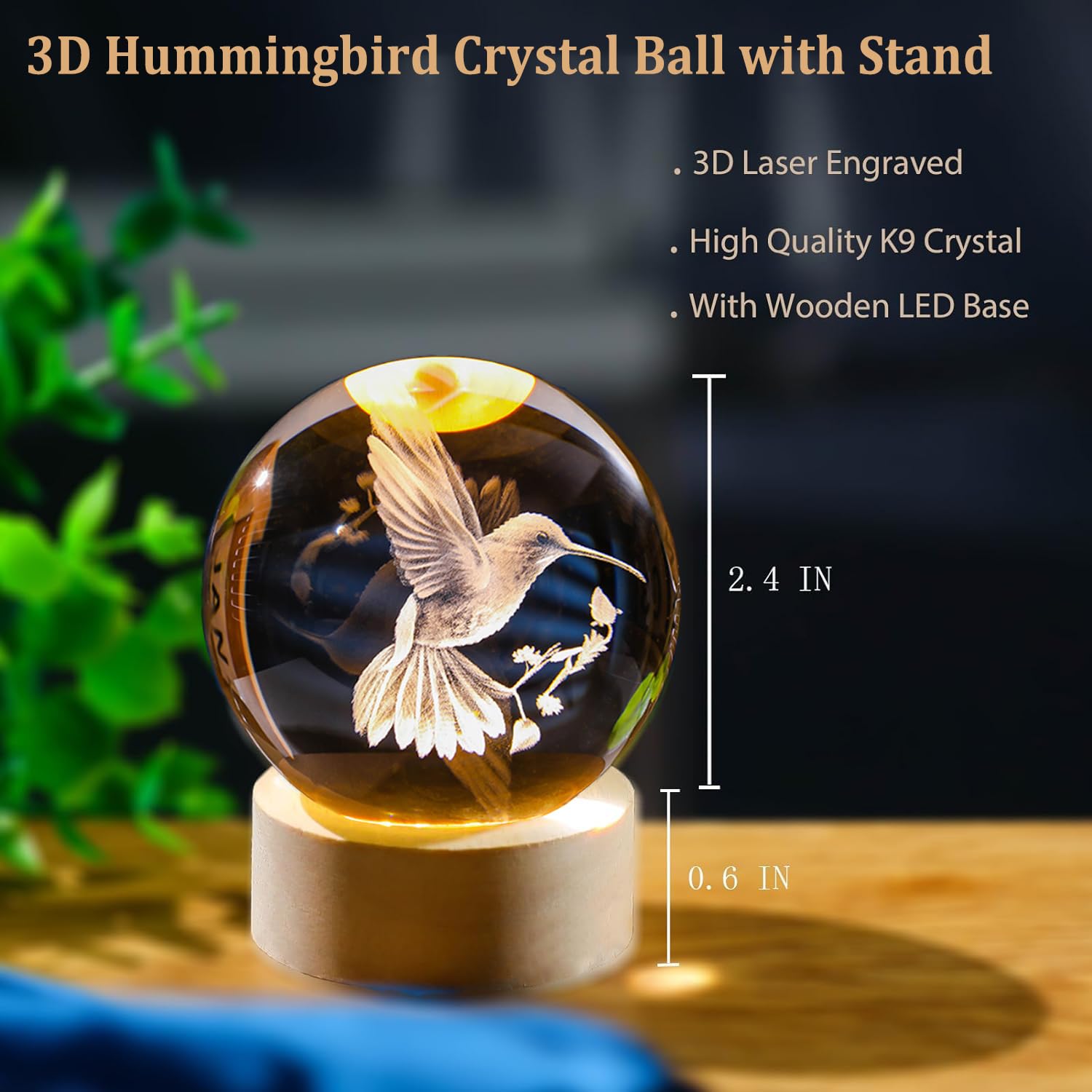 3D Laser Engraved Hummingbird Crystal Ball with LED Base - 60mm Glass Figurine Lamp, Night Light & Paperweight - Unique Home Decor Gift for Birthdays, Anniversaries (Perfect for Bedroom, Office Desk & Gift Giving)