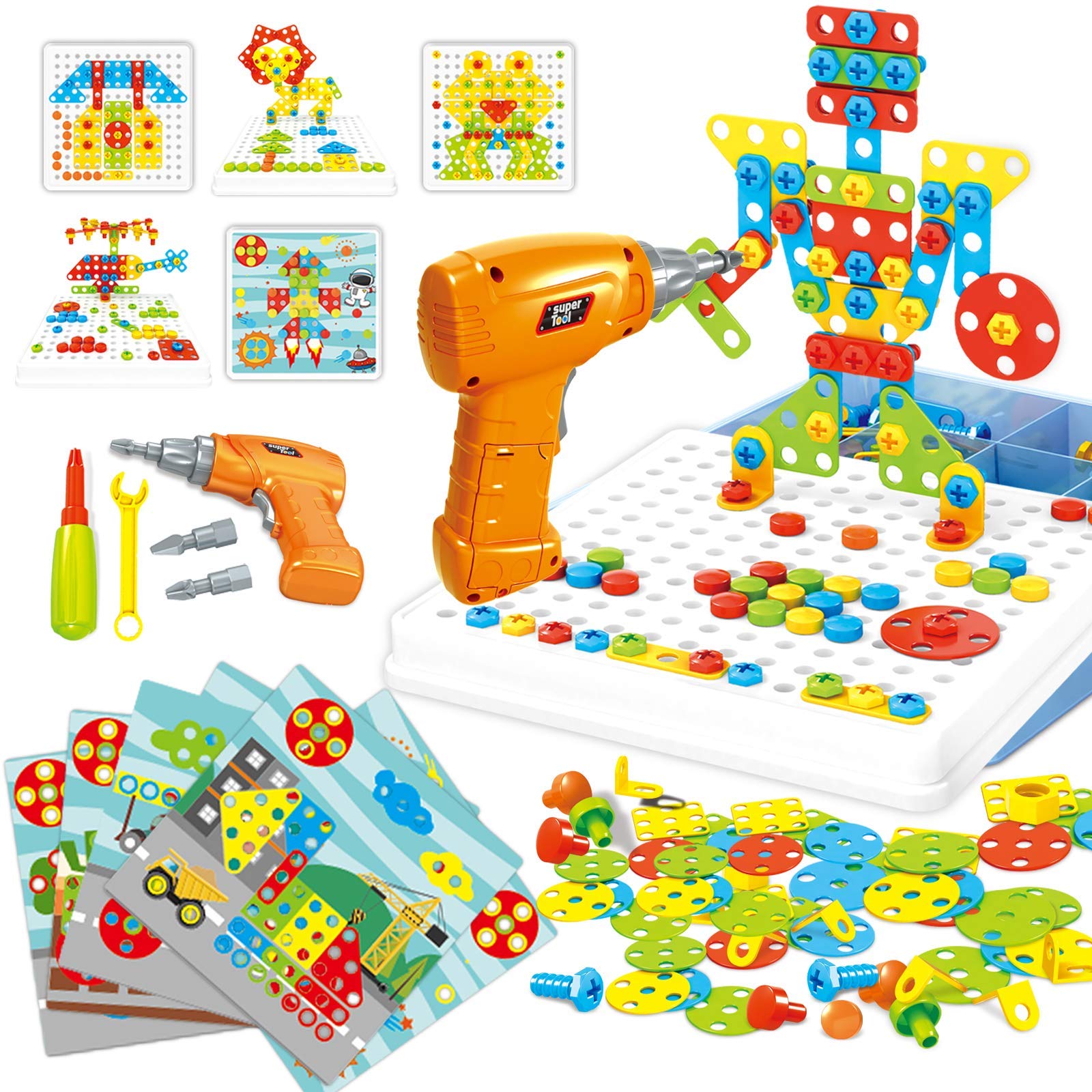 261 Pcs STEM Building Toys for Kids Ages 3-8 - 2 in 1 Educational Drill Puzzle & Button Art Set with Electric Toy Drill - Creative Learning Toys for Boys & Girls - Perfect for Classroom, Birthday Gifts & Family Bonding Activities