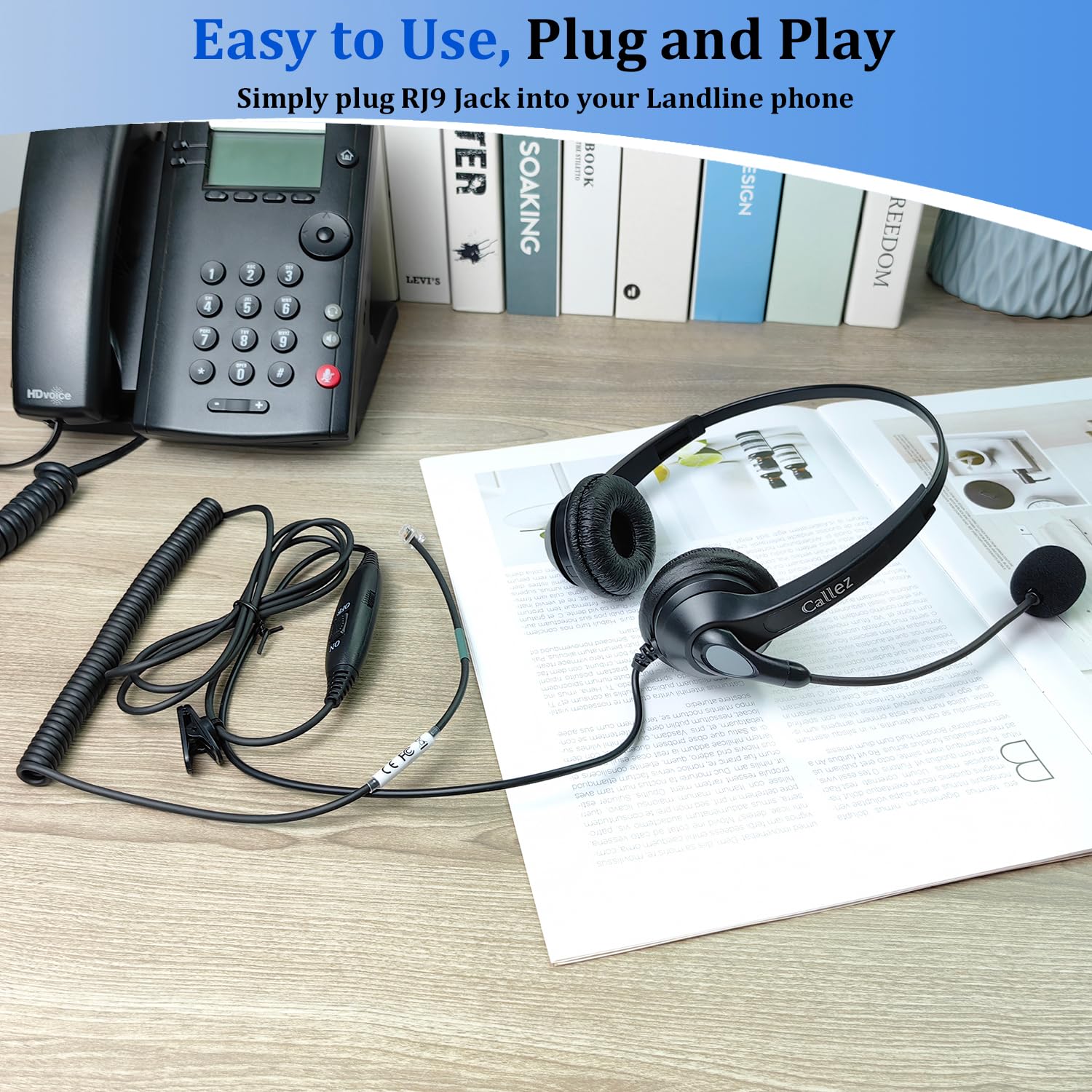 Noise Cancelling RJ9 Phone Headset with Microphone - Compatible with Polycom VVX411, VVX311, VVX410, VVX500, Avaya 1416, 1408, Mitel 5330e - Perfect for Office Calls, Remote Work & Customer Service