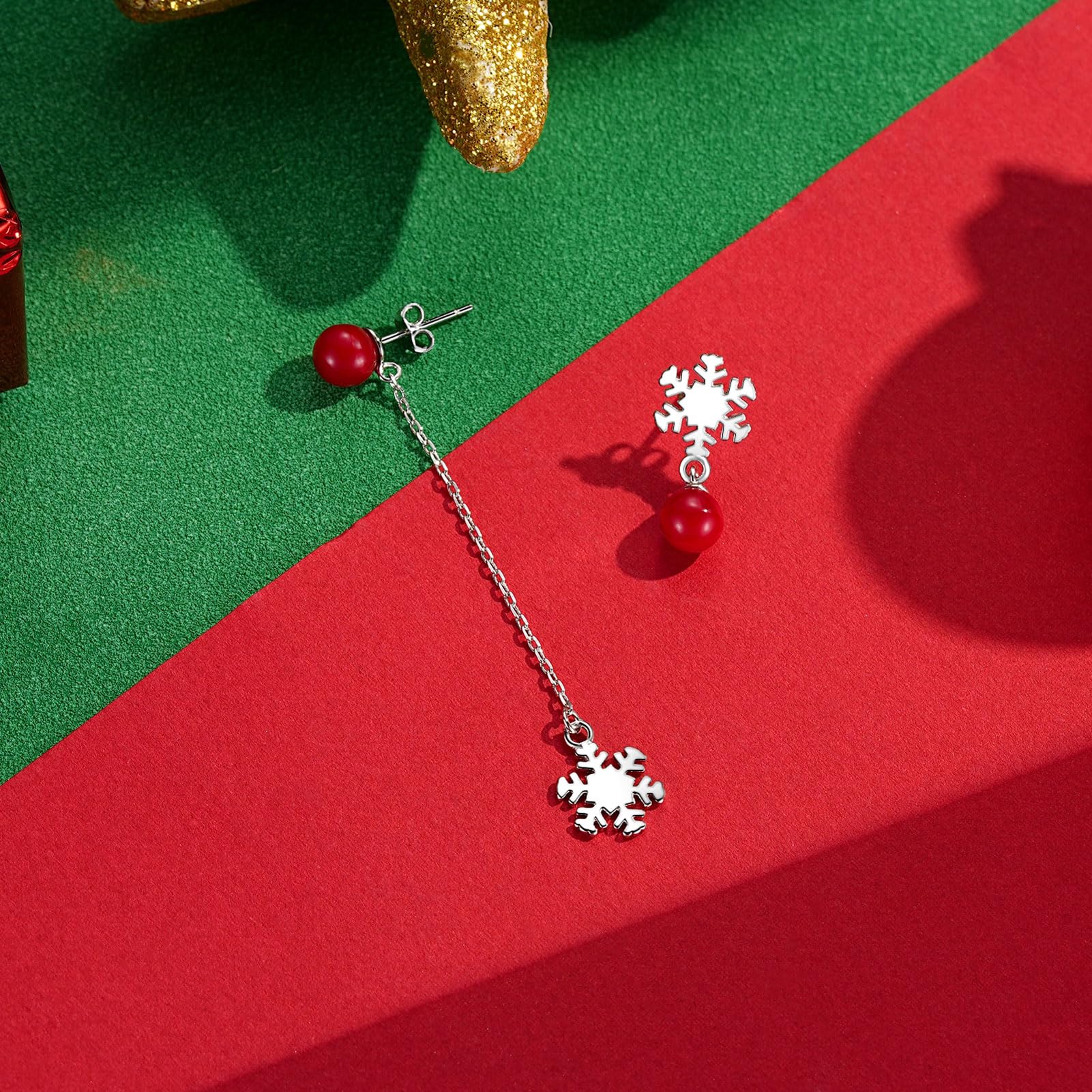 Zolkamery Snowflake Drop Earrings for Women - 925 Sterling Silver Christmas Dangle Earrings with Zirconia, Hypoallergenic Asymmetric Stud Earrings for Holiday Parties, Gift Giving & Winter Fashion | Includes Gift Box