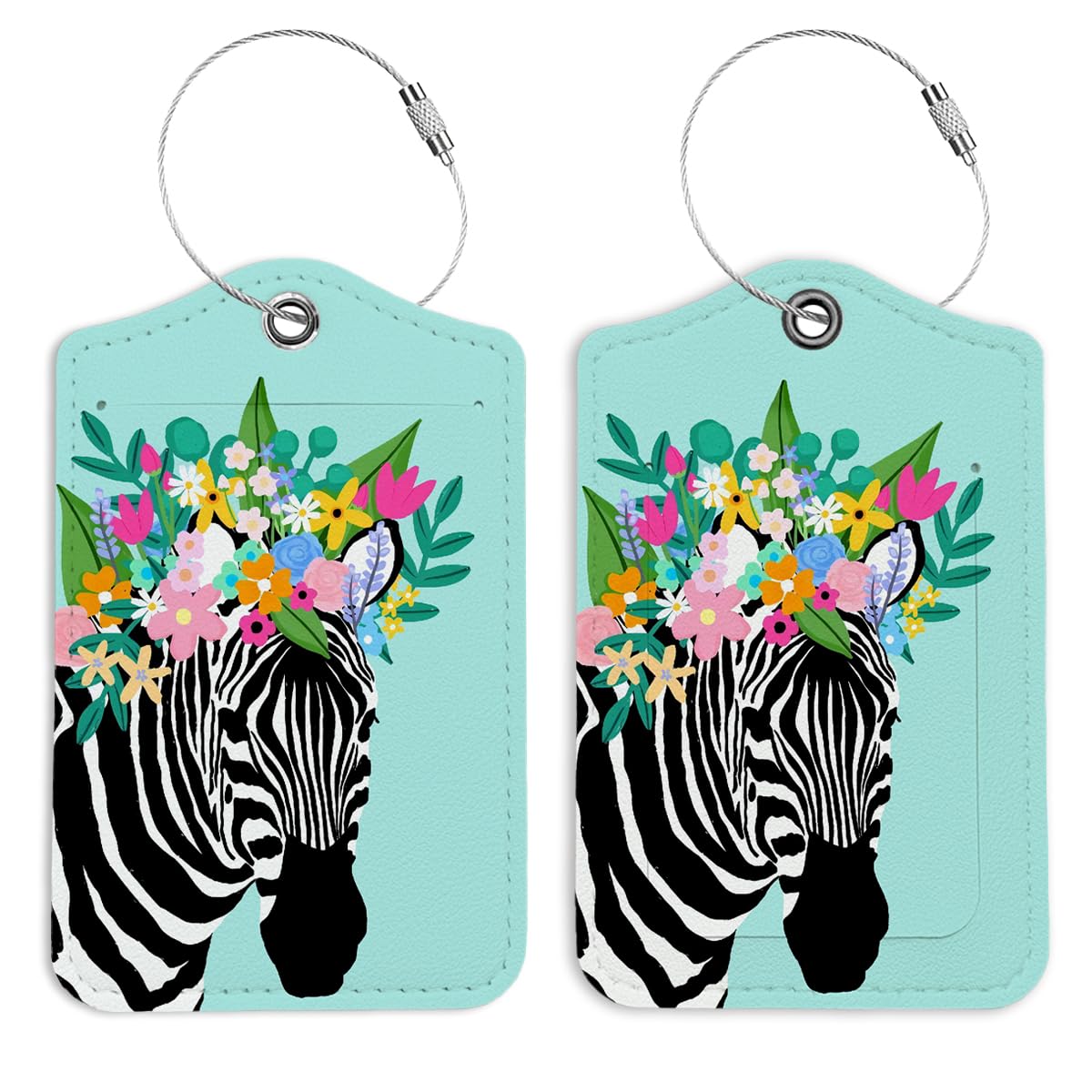 Stylish Green Floral Zebra Print Luggage Tags for Suitcases - 2 Pack Trendy Preppy Travel Tags for Women & Teens - Perfect Back to School Accessories, Unique Gifts for Girls - Ideal for Air Travel, Vacation & College Dorm Essentials