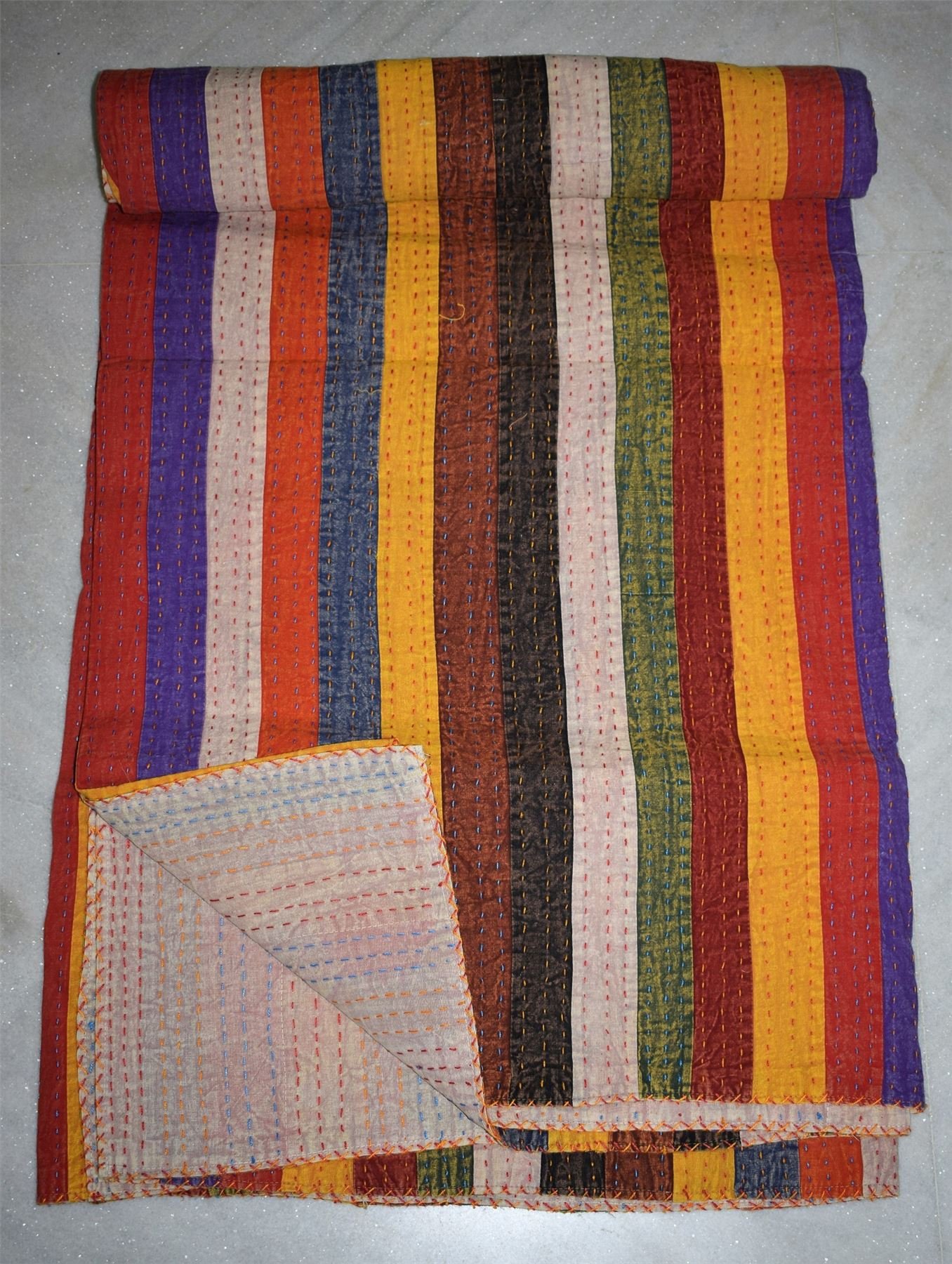 Gypsia Studio Handmade Queen Size Sari Kantha Quilt - Bohemian Patchwork Bedspread, Throw Blanket for Bed, Sofa & Outdoor Use