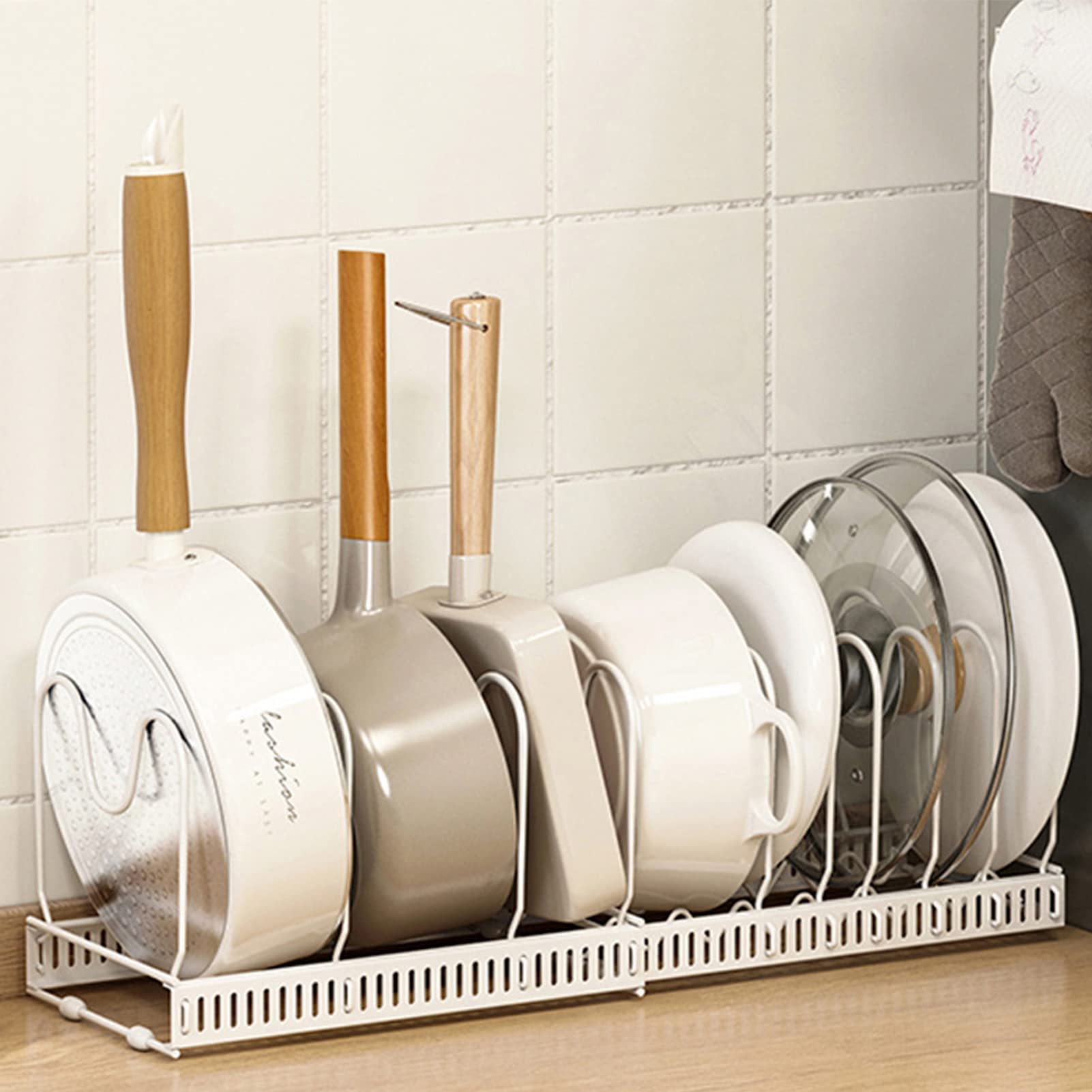 Angoily Expandable Metal Pot Lid Organizer - Adjustable Kitchen Storage Rack for Pan Lids, Cutting Boards & Bakeware - Space Saving White Holder for Stovetop, Countertop & Cabinet Organization (Perfect for Small Kitchens & Apartment Cooking)