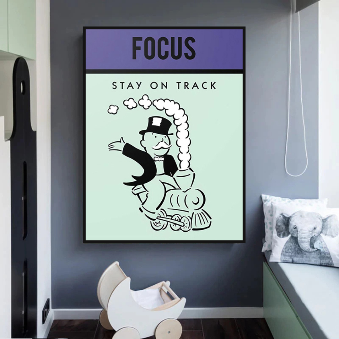 Alec Monopoly 'Stay on Track' Play Card Canvas Wall Art - Modern Pop Art Home Decor for Living Room, Bedroom & Office