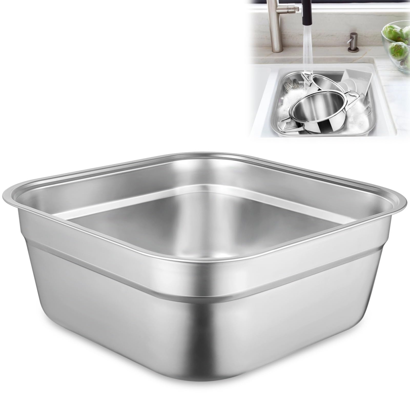 Yeesport Stainless Steel Dish Tub - Large Square Kitchen Sink Basin for Washing Vegetables, Dishes & Multi-Purpose Use | Durable & Rustproof Home Cleaning Container for Kitchen, Camping & Outdoor Activities