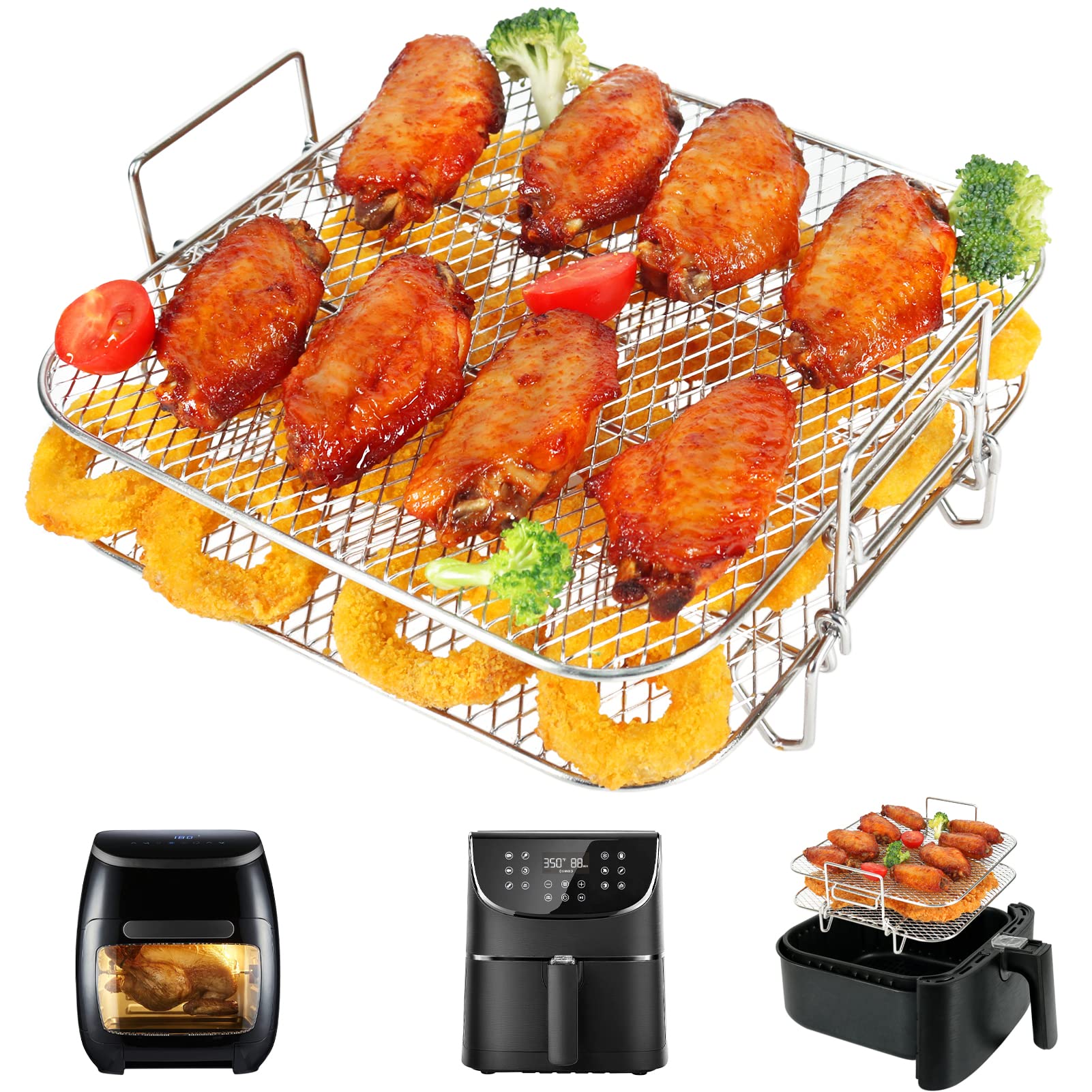 BYKITCHEN 2-Tier Square Air Fryer Rack - Compatible with Cosori XXL 5.5L, Instant Vortex Plus 8.5L, Tefal EasyFry 6.2L/6.5L & Gourmia Air Fryers - Durable Air Fryer Accessories for Cooking, Baking & Roasting - Perfect for Chicken Wings, French Fries & Vegetables