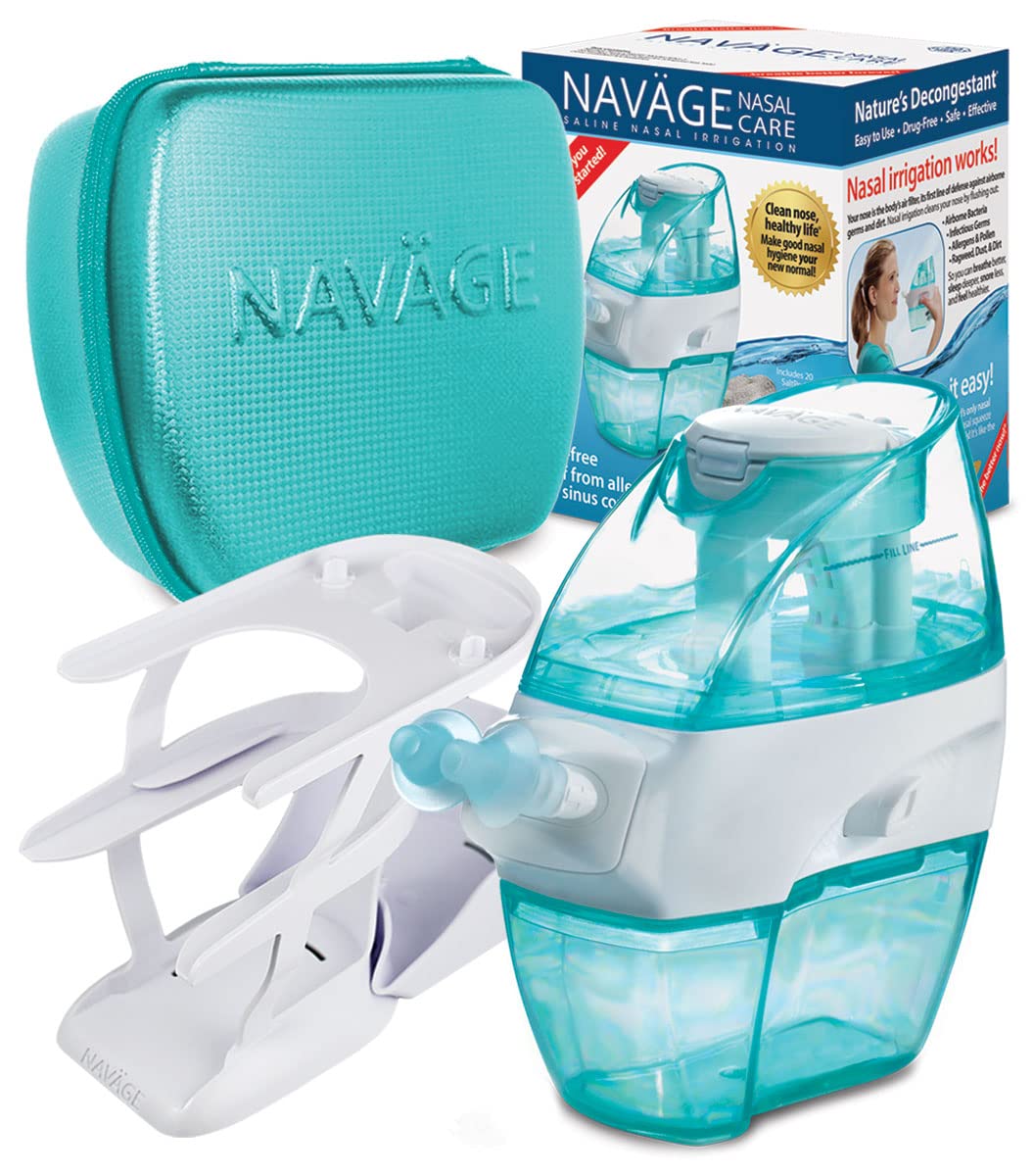 Navage Essentials Bundle Nasal Irrigation System - Saline Nasal Rinse Kit with 1 Nose Cleaner, 30 Salt Pods, Countertop Caddy & Teal Travel Case | Sinus Relief for Allergies, Cold & Congestion | Perfect for Home & Travel Use