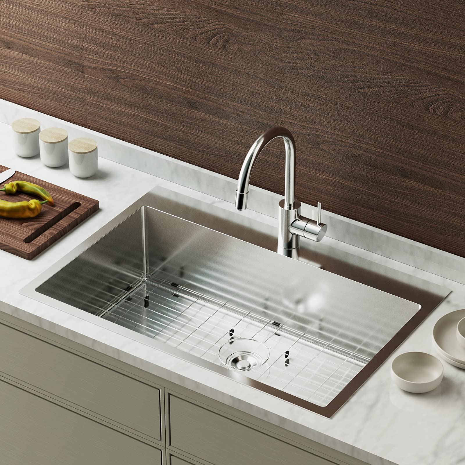Bonnlo 32 Inch Top Mount Drop-in Farmhouse Kitchen Sink - 18 Gauge 304 Stainless Steel Single Bowl with Sink Protector - Workstation Sink for RV, Travel Trailer, Garage (32x22x9 inches) - Perfect for Food Prep, Dishwashing & Outdoor Camping
