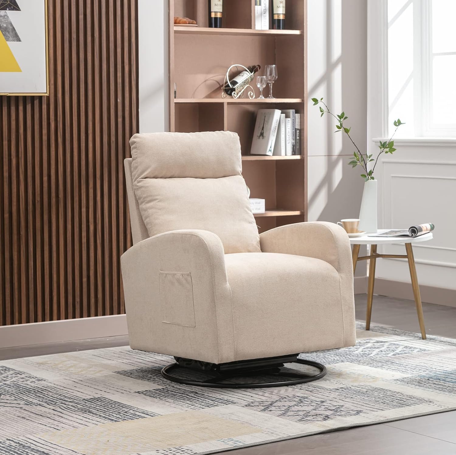 Modern Swivel Glider Rocking Chair with High Back & Storage Pocket - Upholstered Nursery, Living Room, Bedroom Accent Chair with Solid Metal Base (Beige Fabric) - Perfect for Breastfeeding, Reading & Relaxing
