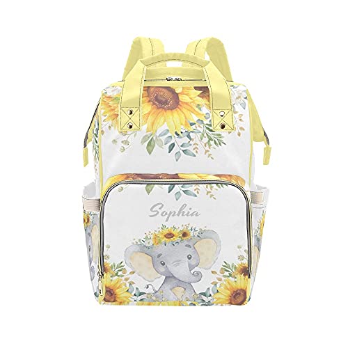 **Personalized Sunflower Elephant Diaper Backpack – Custom Name Baby Nappy Bag for Moms, Nursing & Travel – Perfect Baby Shower Gift**    *(Use: Ideal for daycare, hospital visits, shopping, and family outings!)*