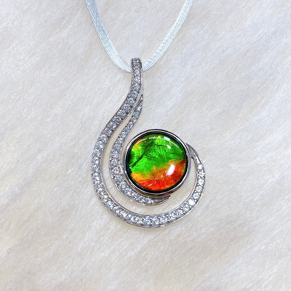 Authentic Sterling Silver Round Ammolite Pendant with Genuine Swarovski Crystals | Elegant Jewelry Gift for Women | Perfect for Weddings, Anniversaries & Special Occasions