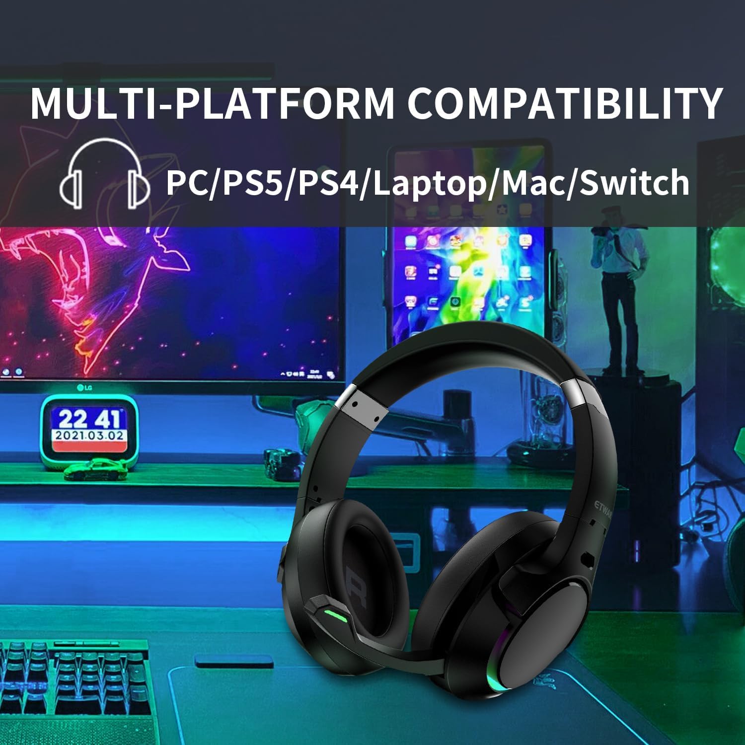 EG80 USB Gaming Headset with Noise Cancelling Mic - 7.1 Surround Sound, Memory Foam Ear Cushions & RGB Lighting - Wired Headphones for PS4, PS5, PC, Laptop - Perfect for Gaming, Streaming & Call Center Work