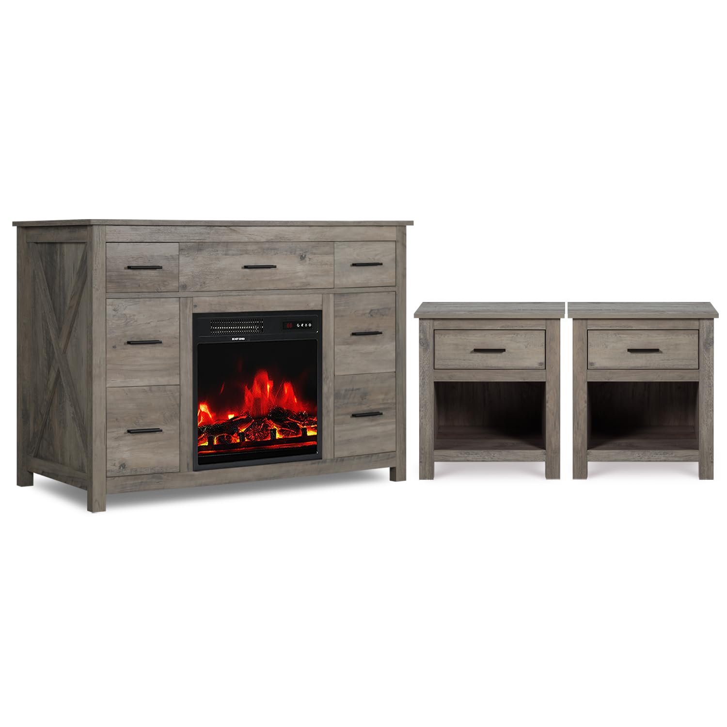Farmhouse Bedroom Set with Fireplace - Grey Wooden Dresser & Nightstands, 7-Drawer Storage & 18