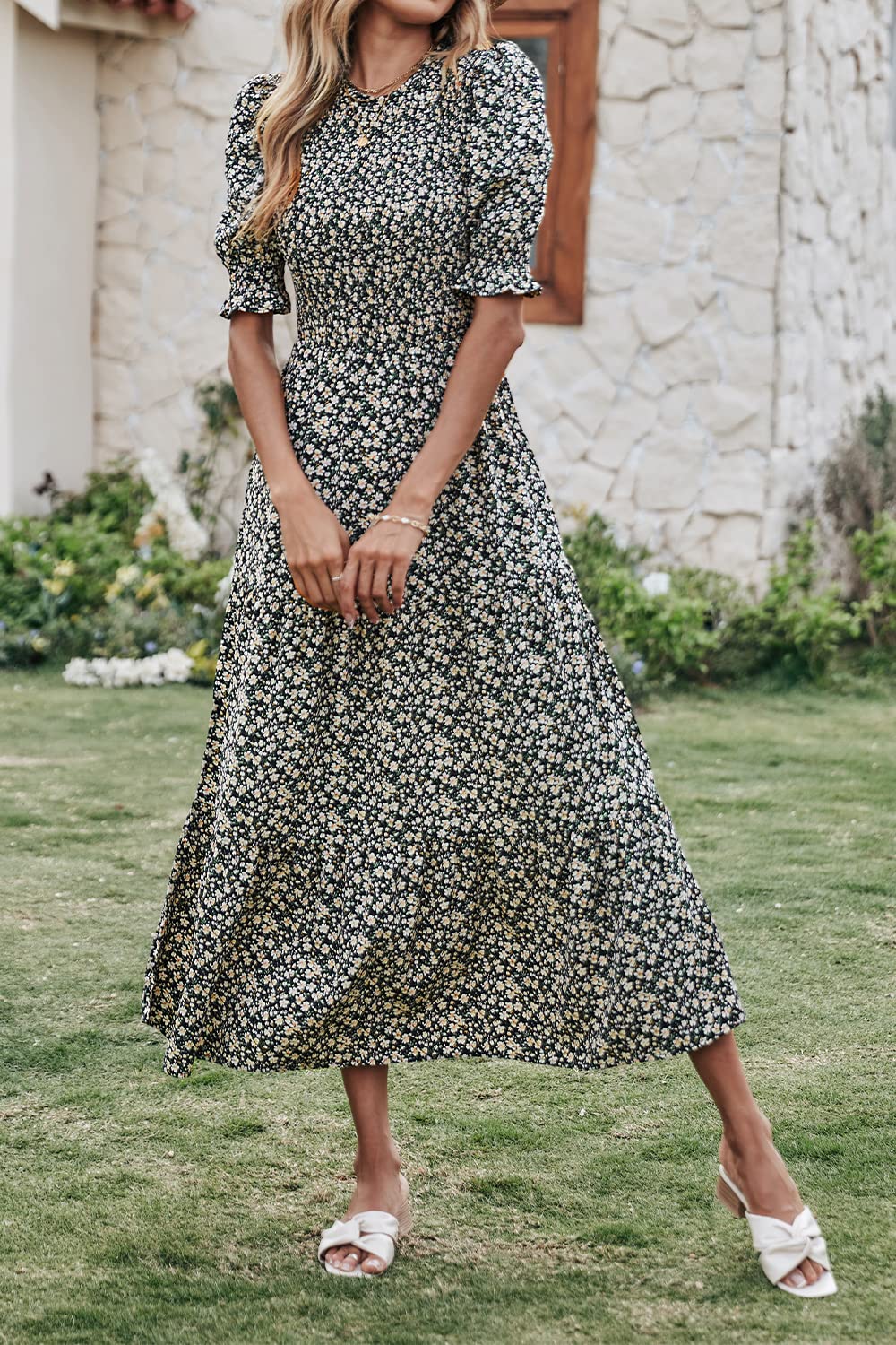 BTFBM Women's Floral Print Boho Maxi Dress - Crew Neck Ruffle Short Sleeve Smocked Summer Casual Dress for Spring 2025 | Perfect for Beach Vacations, Date Nights & Outdoor Parties