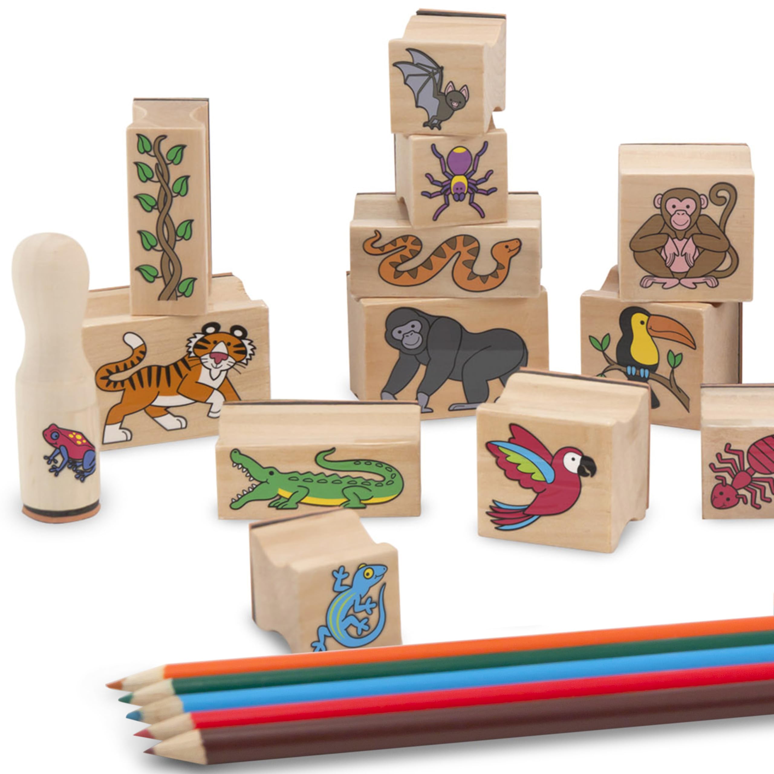 Melissa & Doug Rain Forest Stamp-a-Scene Set - 20 Wooden Stamps, 5 Colored Pencils & 2-Color Stamp Pad for Kids Art Activities, DIY Greeting Cards & Creative Play