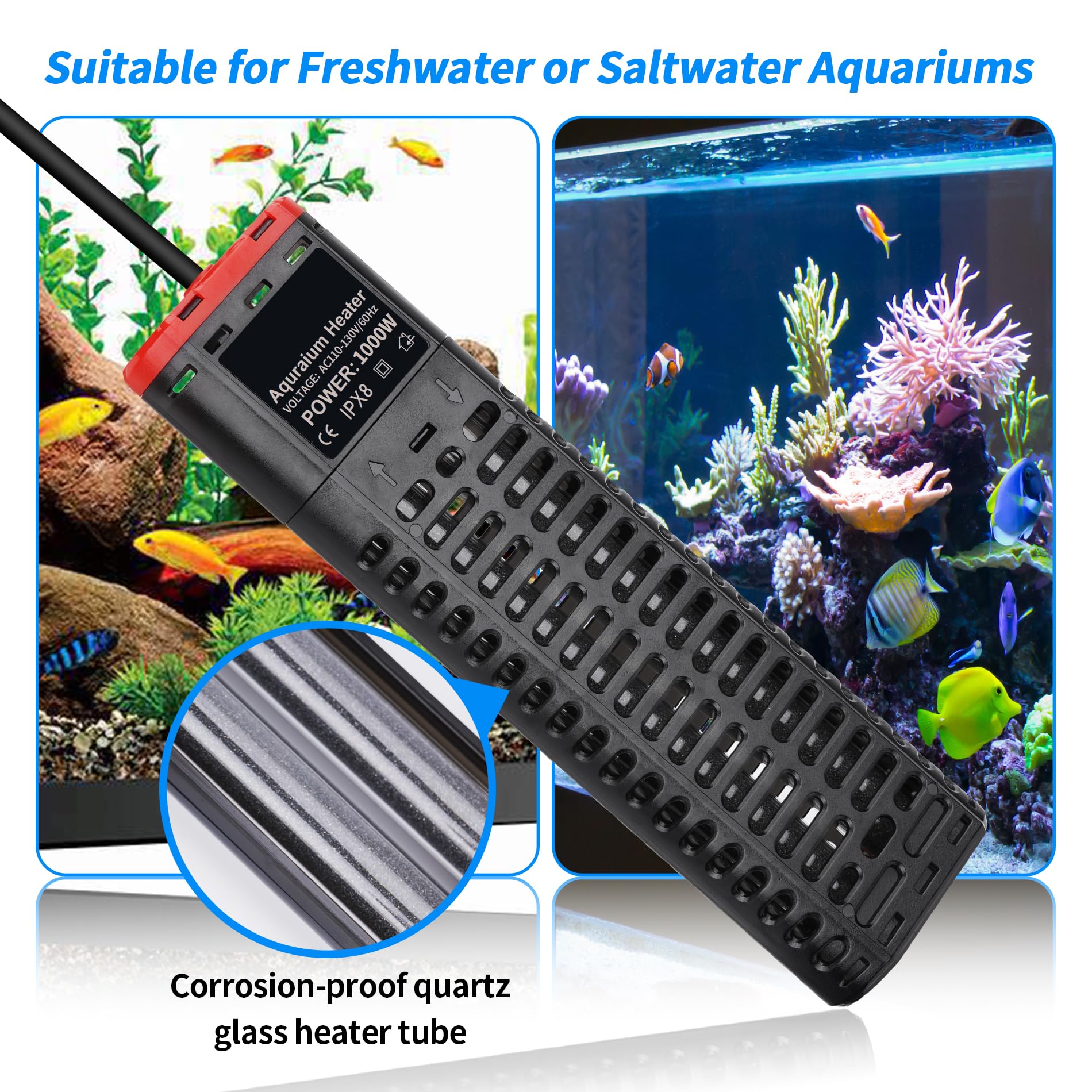 1000W Submersible Aquarium Heater with LED Temperature Display - Dual Quartz Tube Fish Tank Heater for 150-300 Gallon Tanks (Saltwater & Freshwater) - Perfect for Tropical Fish, Marine Life & Reef Aquariums