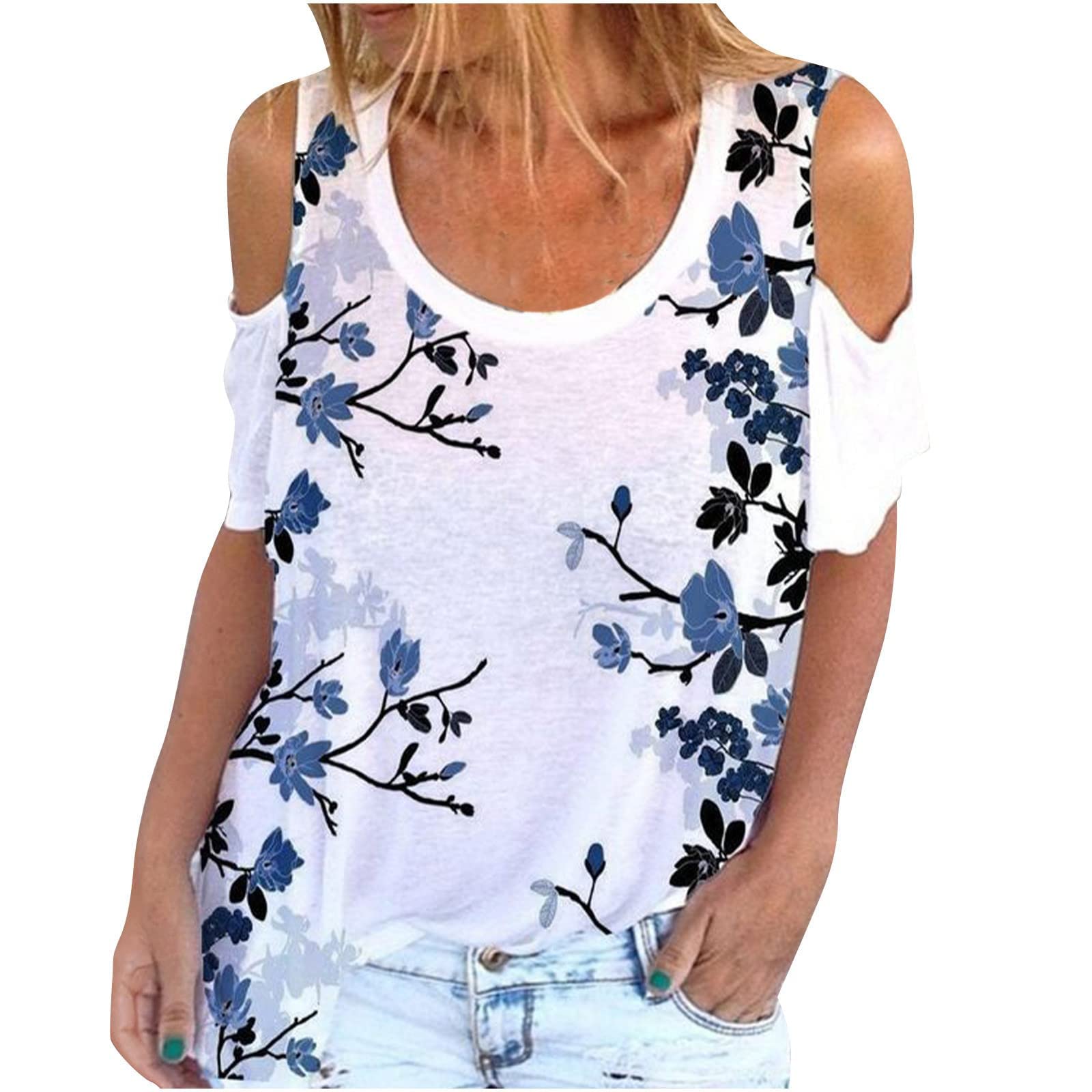 Women's Cold Shoulder Tops Short Sleeve Butterfly Print Blouse - Stretch Casual Crewneck Tee Shirt for Summer - Perfect for Beach Outings, Date Nights & Casual Wear