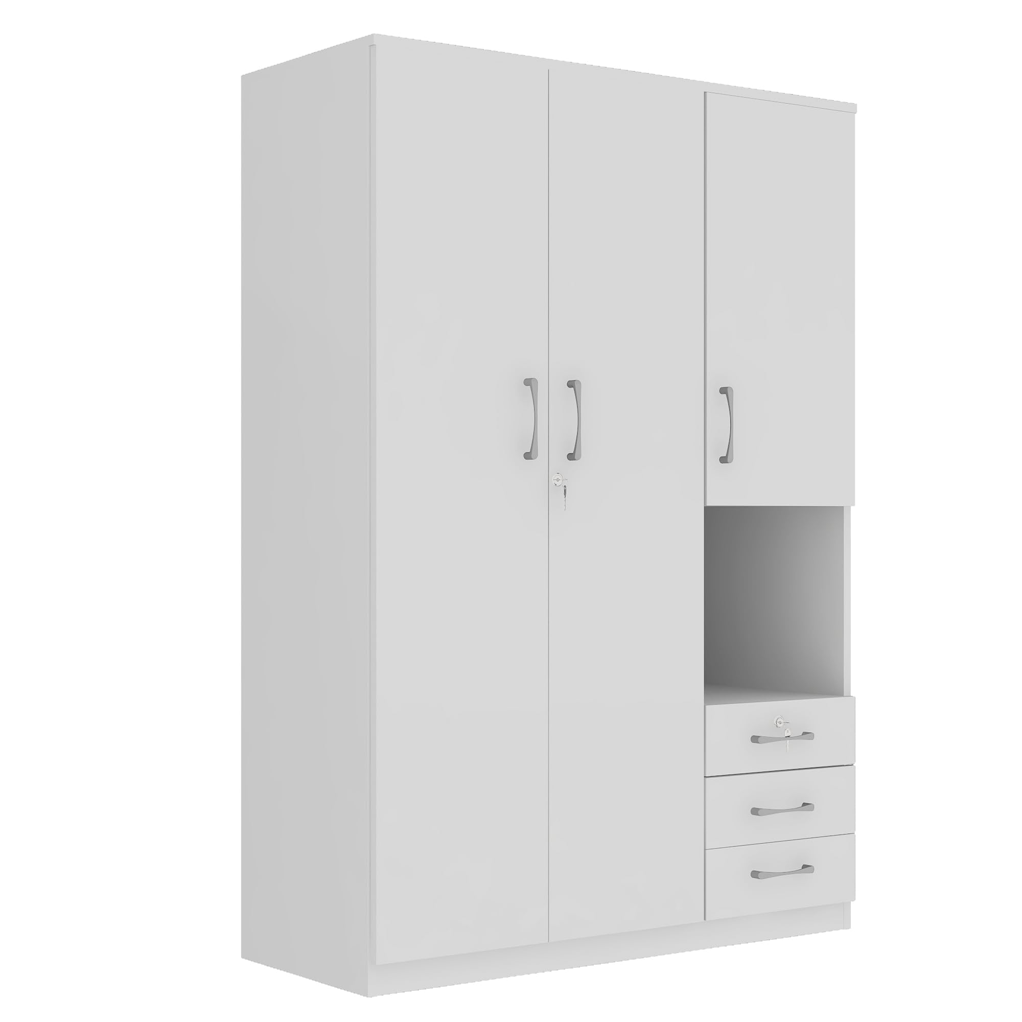 3-Door Wooden Wardrobe Armoire with Shelves, Drawers & Hanging Rod - Modern Bedroom Closet Organizer Storage Cabinet in White - Perfect for Master Bedroom, Guest Room or Dorm Organization