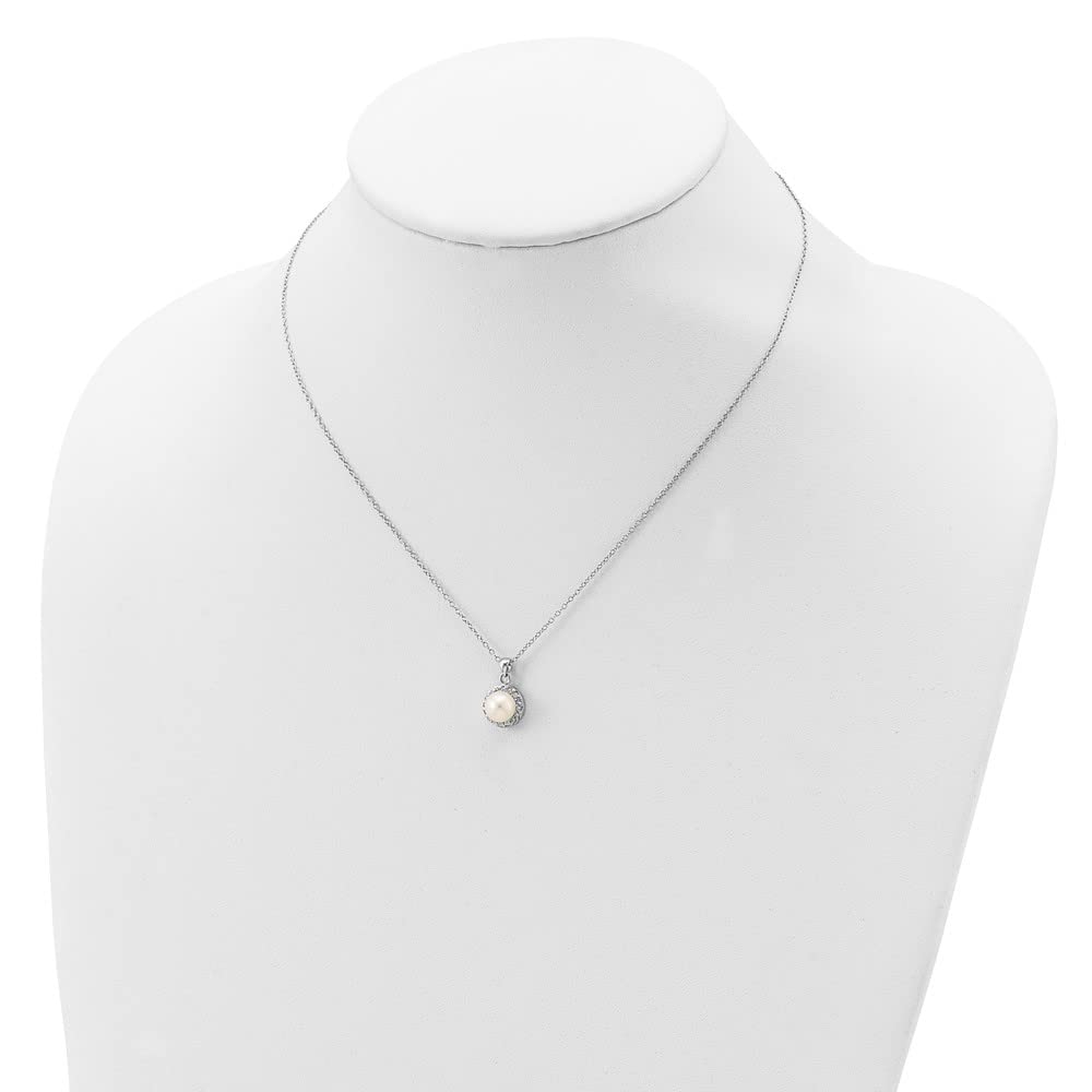 925 Sterling Silver White Button Freshwater Cultured Pearl & Cubic Zirconia Necklace for Women | Elegant Fine Jewelry Gift for Her | 7-8mm Pearls, 17