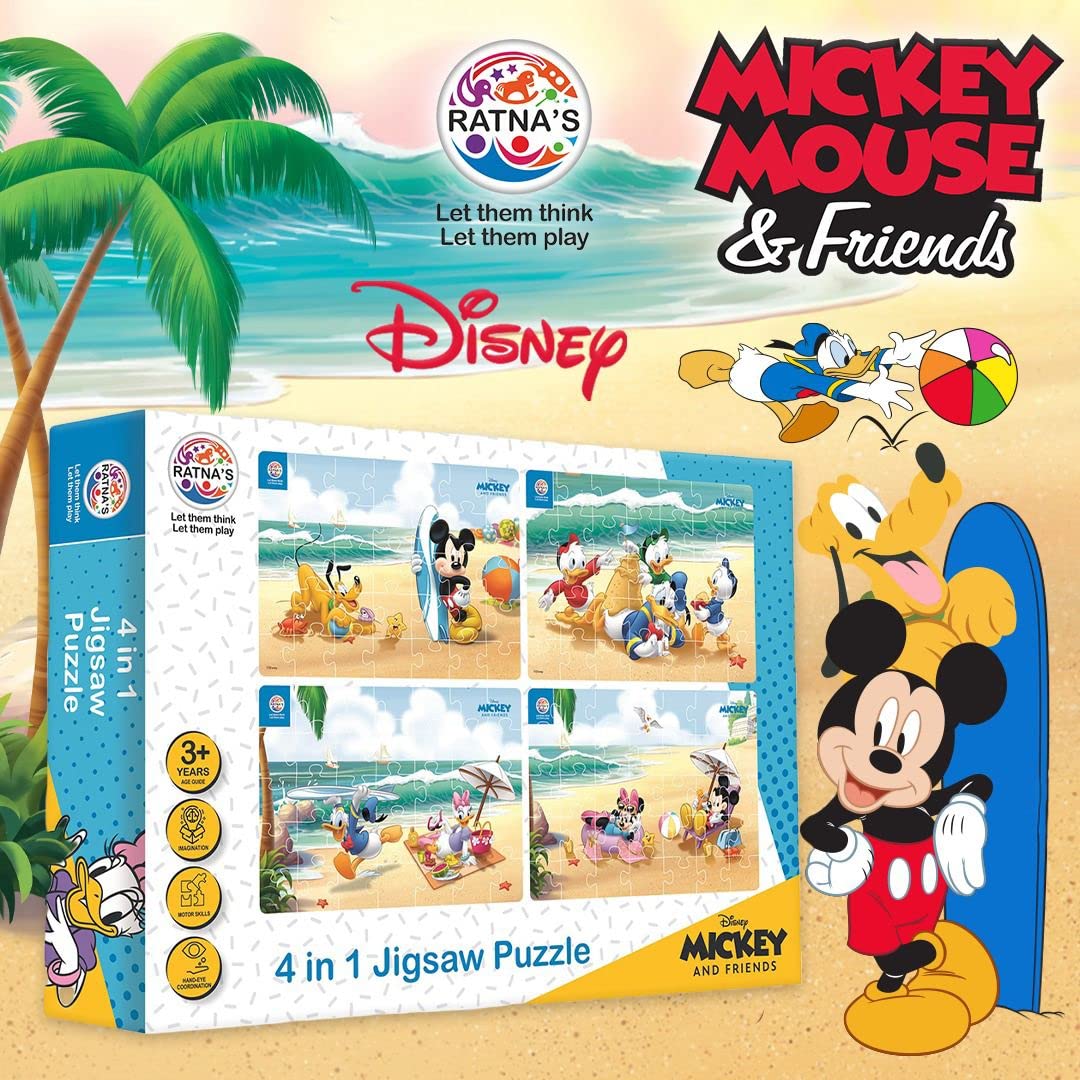 Ratna's 4-in-1 Disney Jigsaw Puzzle Set - 140 Pieces for Kids (Mickey Mouse & Friends) - 4 Fun 35-Piece Puzzles for Family Game Night & Learning Activities