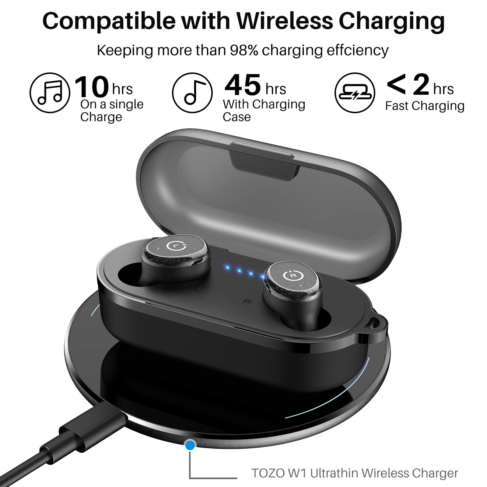 TOZO T10 Wireless Earbuds Bluetooth 5.3 with Wireless Charging Case, 15W Fast Charging Pad - Ergonomic Noise Cancelling Headphones for Gym, Running & Travel (2024 Upgraded Edition)