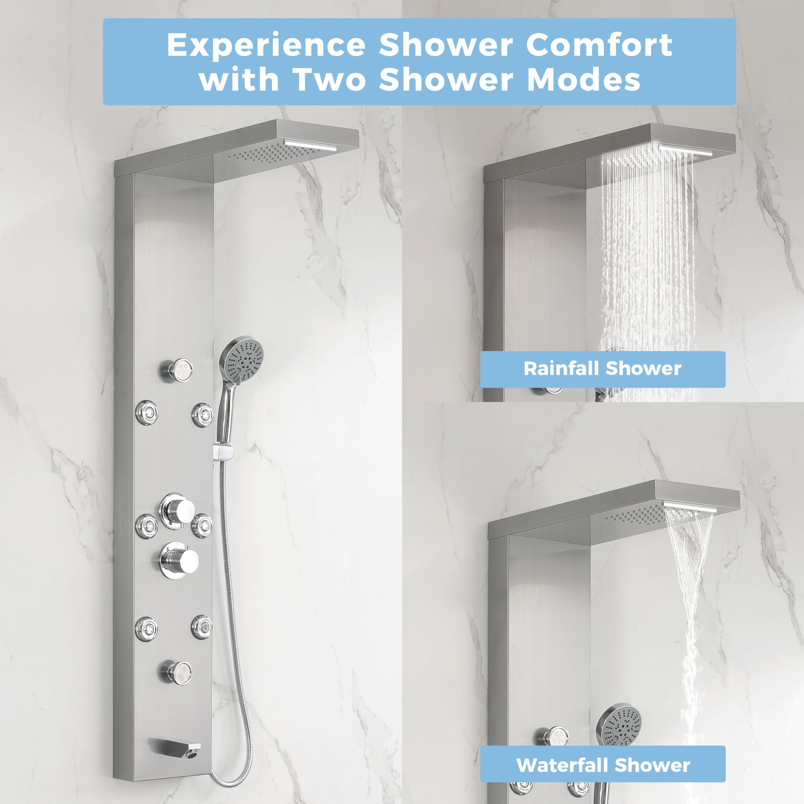 DELAVIN Stainless Steel Shower Panel Tower System - 5-Function Full Body Shower with Rainfall, Waterfall, Massage Jets, Tub Spout & Handheld Showerhead in Brushed Nickel | Perfect for Luxury Bathroom Renovation & Spa-Like Shower Experience