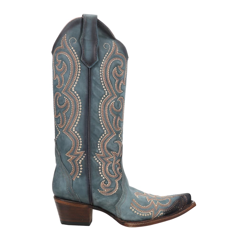 Women's Embroidered Snip Toe Corral Boots - Blue Denim Mid Calf Cowgirl Boots with 2-3
