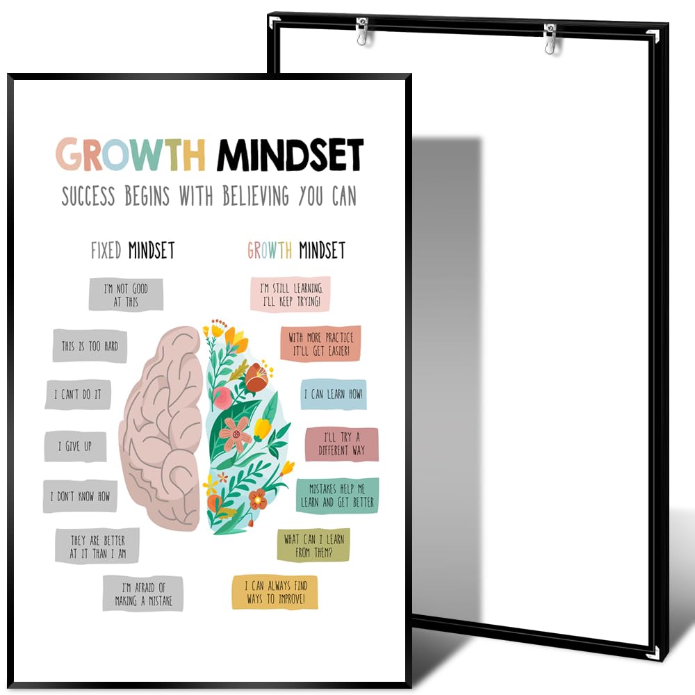 Growth Mindset Canvas Wall Art - Motivational Poster for Overcoming Negative Thoughts, CBT Therapy Office Decor, School Counseling, Classroom, Living Room, Nursery, Kindergarten - 12x16 Inch Framed Print for Positive Thinking & Mental Wellness
