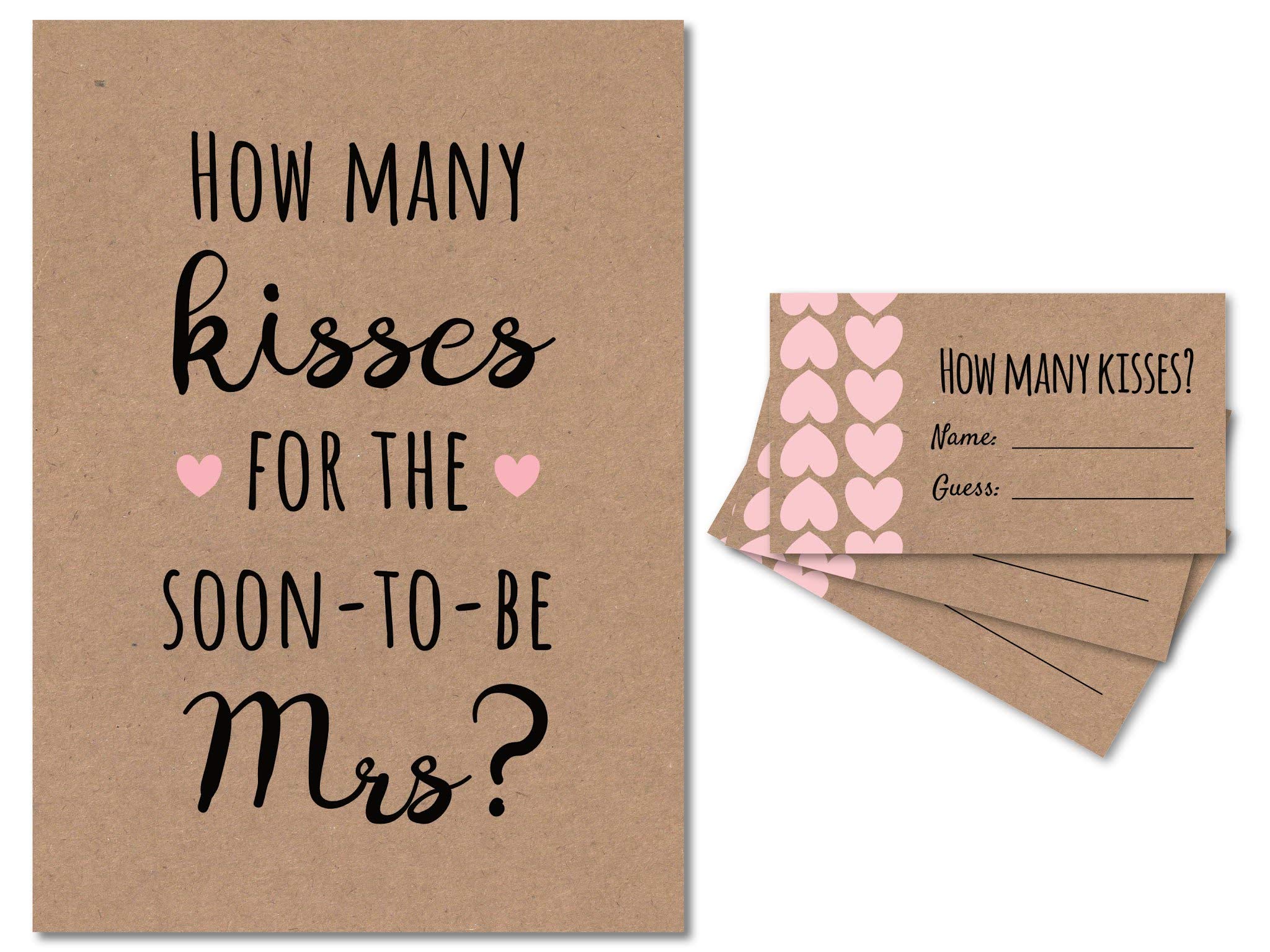 Bridal Shower Game - How Many Kisses for the Soon-to-Be Mrs? Includes 1 Kraft/Pink Sign & 30 Guess Cards | Fun Wedding Shower Activity for Guests