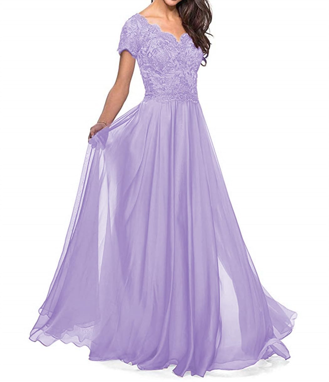 Elegant Long Chiffon A-Line Wedding Dress with Lace Appliques - Mother of The Bride Gown, Short Sleeves Formal Party Dress for Women | Perfect for Weddings, Receptions & Special Occasions