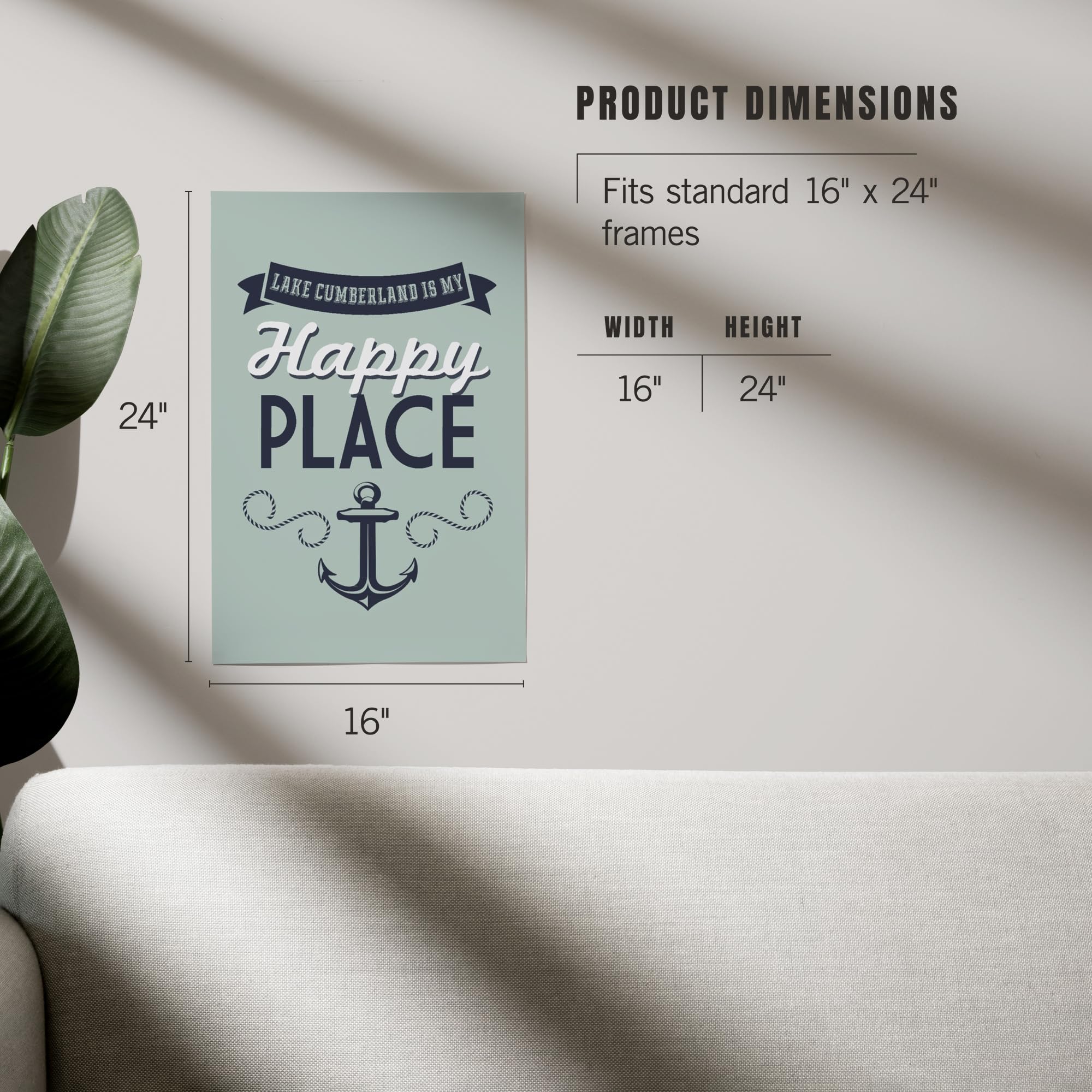 Lantern Press 16x24 Inch Giclee Art Print - Lake Cumberland Kentucky Landscape Wall Decor with Anchor Design (Blue on Green) - Perfect for Living Room, Bedroom or Office Wall Art