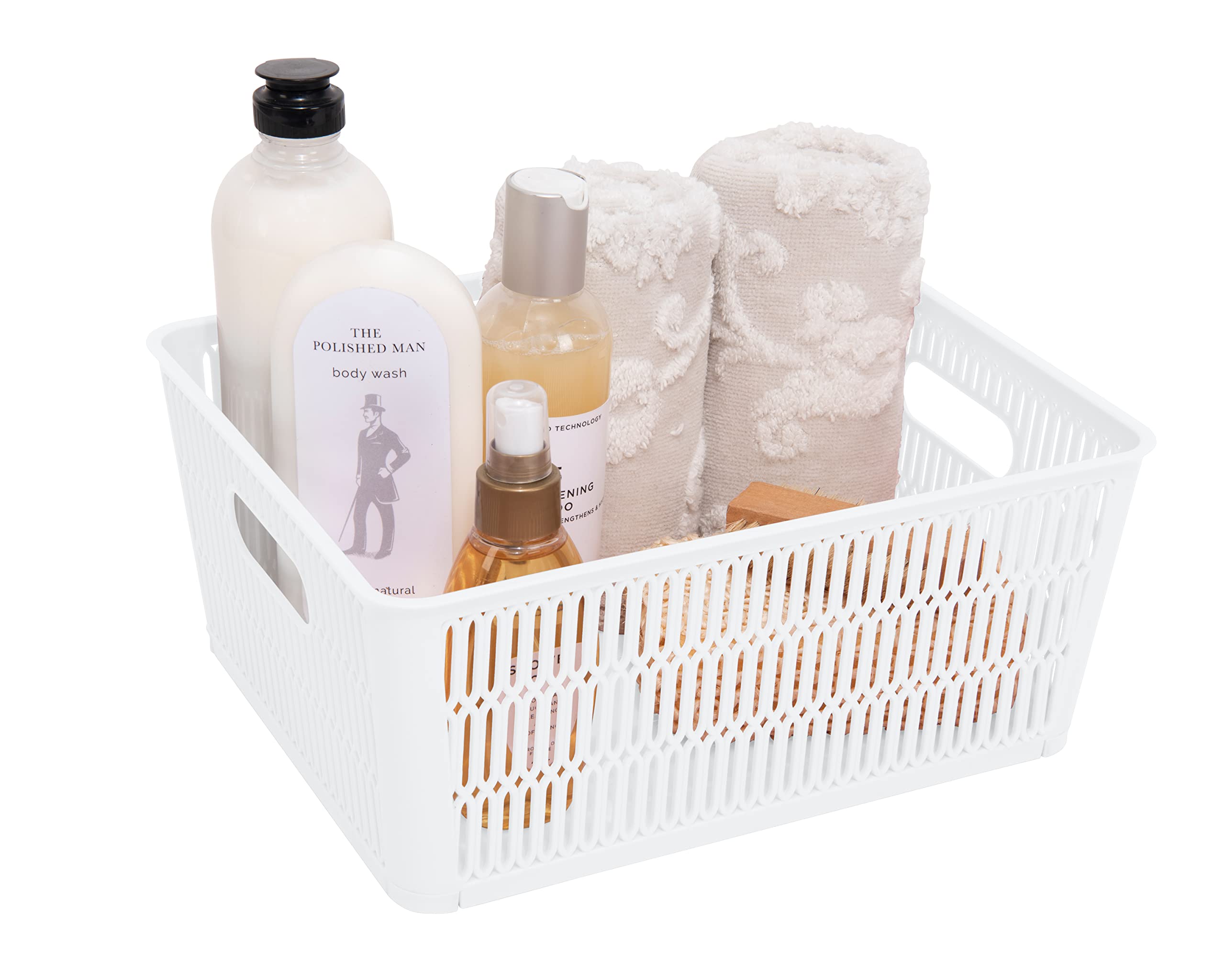 Simplify 4-Pack Large Slide 2 Stack It Tote Baskets - White Storage Bins with Stackable Design for Bathroom, Pantry, Office, Playroom & Craft Organization (KIT-25930-WHITE-4PK) | Perfect for Home Storage, Closet Organizers & Kids Toy Containers